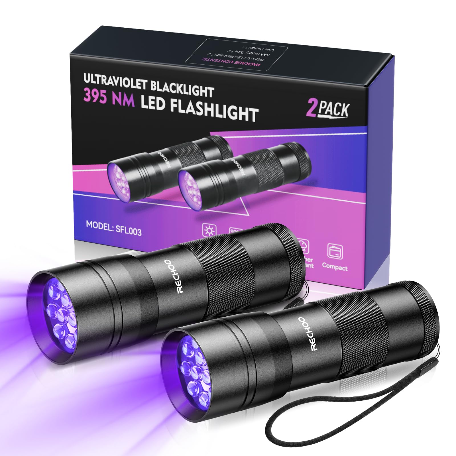 Rechoo Black Light Uv Flashlight 2 Pack, 12 Led 395Nm Uv Flashlight, Portable Mini Uv Light Waterproof, Blacklight For Pet Urine Detection, Dry Stains, Bed Bug, Fluorescent Agent (Batteries Not Included)