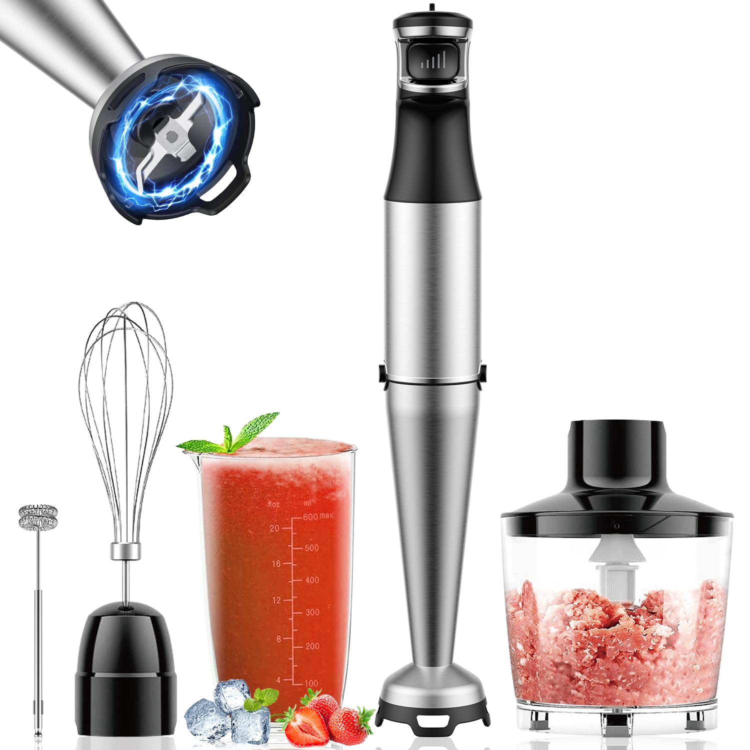 Uniqus 1100W Handheld Hand Blender 5 In 1 Set Trigger Control Speed Emulsion Blender With Chopper, Whisk And Frother For Soup, Puree Baby Food And Smoothies