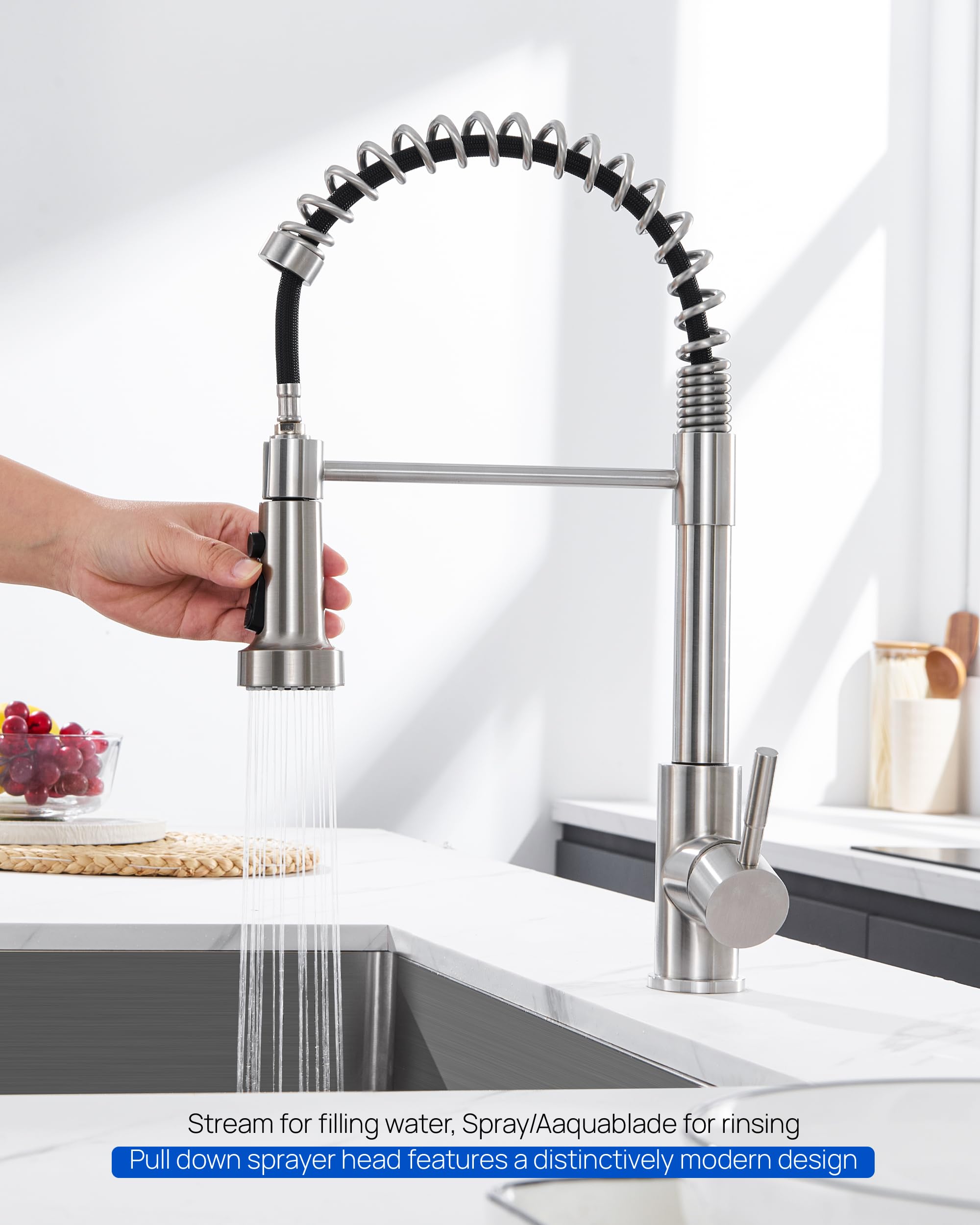 J-Hva Pull Down Kitchen Faucet Sprayer Head Replacement Part, 3 Function Pull Out Sink Sprayer Replacement Nozzle With 15 Adapters, Kitchen Faucet Head Hose Spray Tap Spout, Brushed Nickel