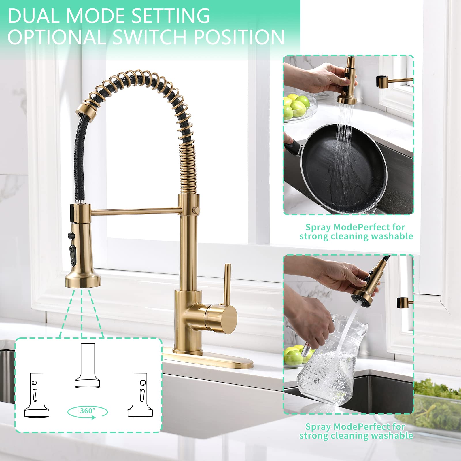 Aimadi Gold Kitchen Faucet With Pull Down Sprayer,Commercial Single Handle Brushed Gold Kitchen Sink Faucet With Deck Plate