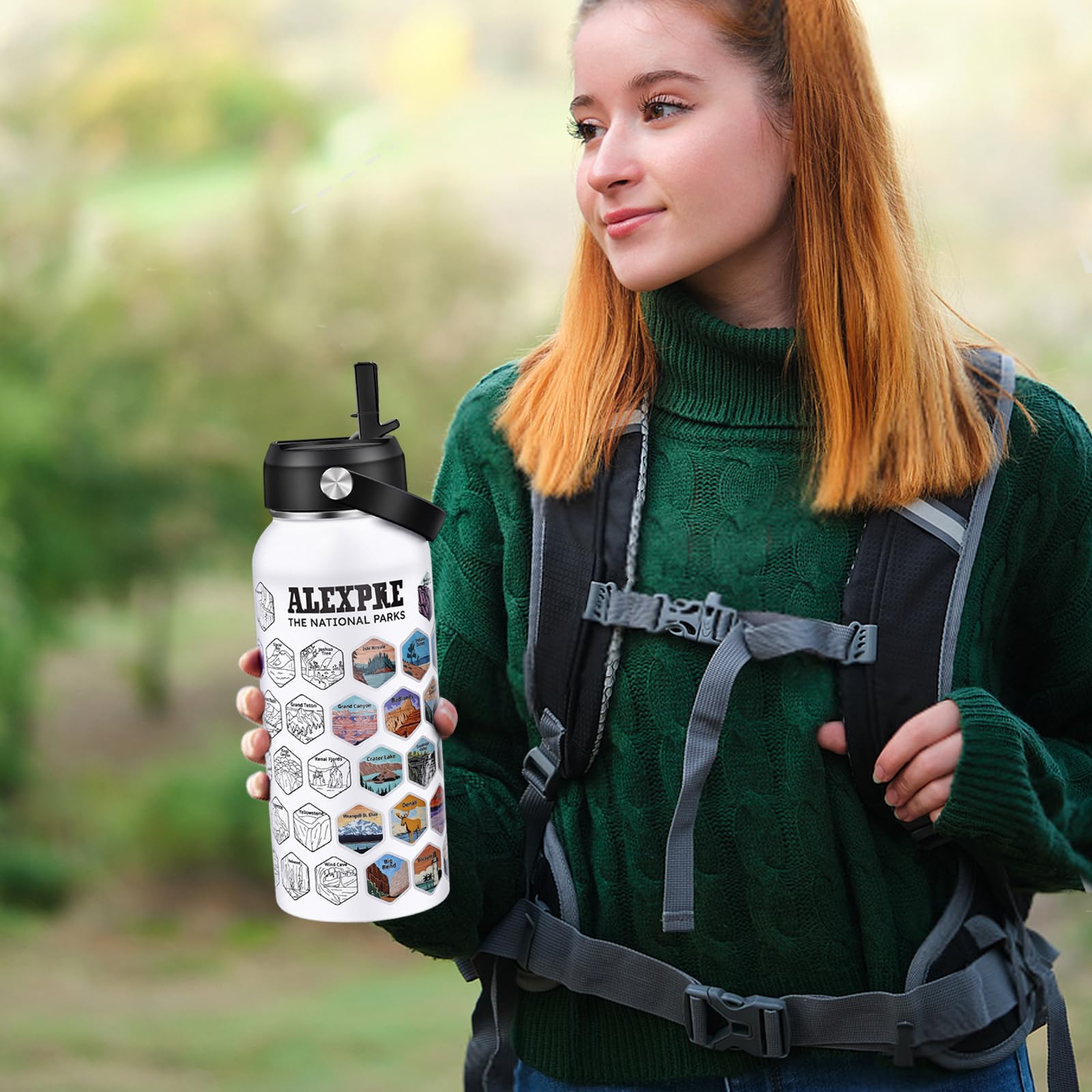 63 National Parks Water Bottle With Water Proof Stickers,32 Oz Leak Proof Insulated Stainless Steel