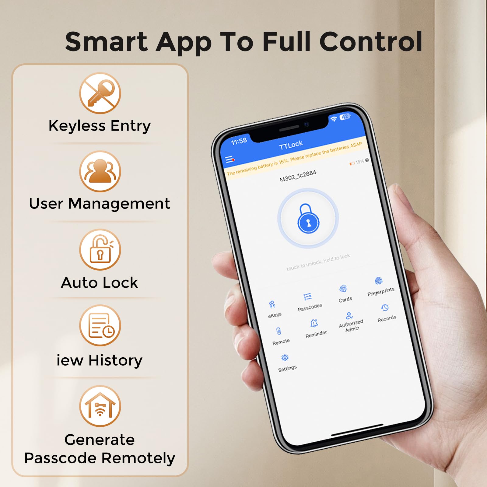 Outne Keyless-Entry Fingerprint Smart Door Lock, Smart Locks For Front Door With Code Passcode App Control All In One Zinc Alloy Electronic Digital Door Lock With Keypad, Easy Installation