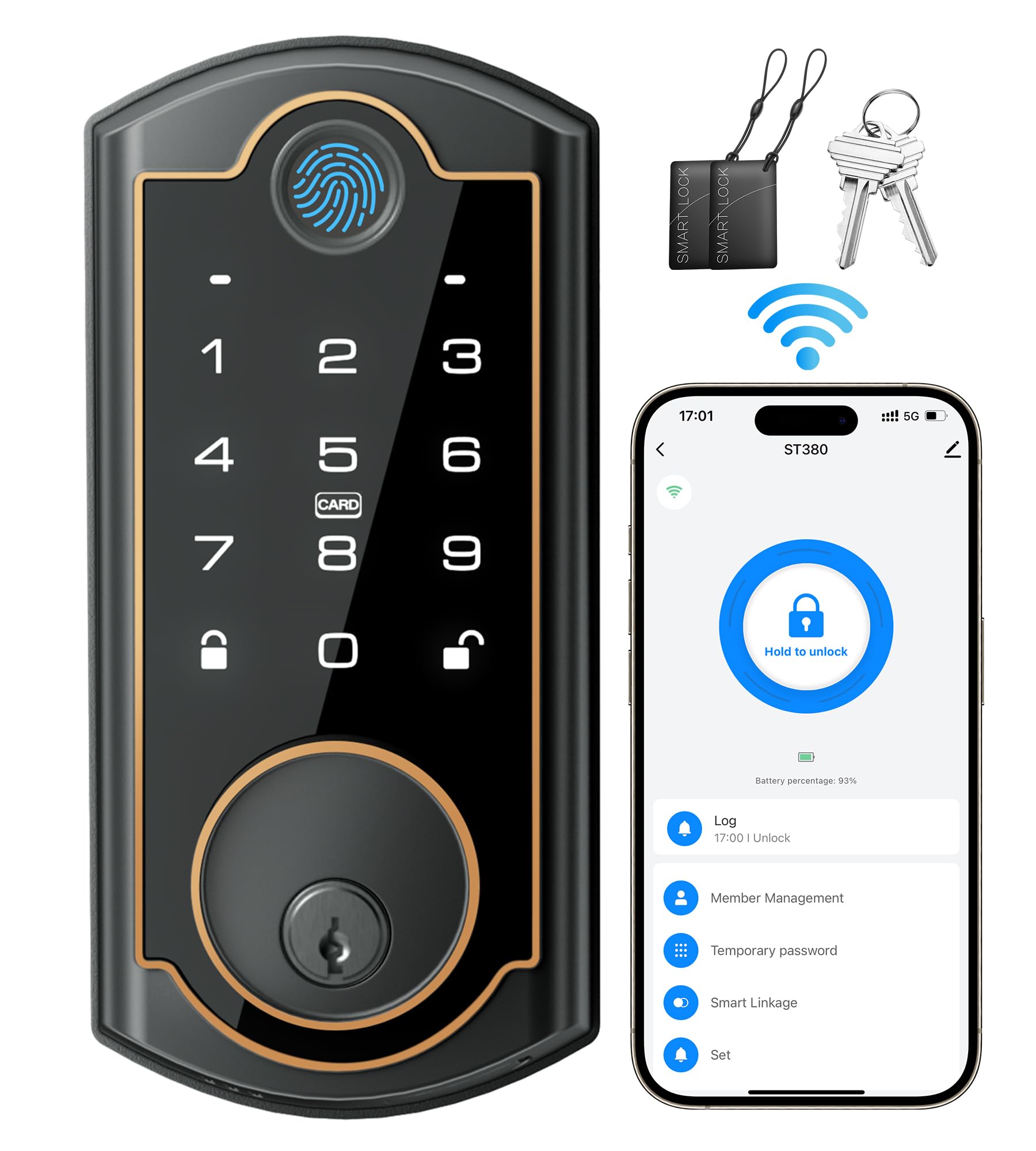 Sohoteco Smart Lock With Wifi Deadbolt, Fingerprint Keyless Entry Door Lock, Smart Locks For Front Door, Built-In Wifi And App Control, Auto Lock, Electronic Touchscreen Keypad, Easy Install, Matte Black