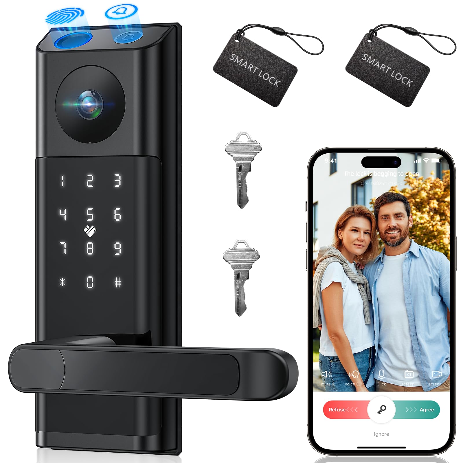 Camcamp Video Smart Lock With Camera & Doorbell, 5-In-1 Keyless Entry Door Lock With Handle, Fingerprint+Keypad Code+App Remote Control+Ic Card, Auto Lock, Wi-Fi Smart Deadbolt For Front Door, Apartment