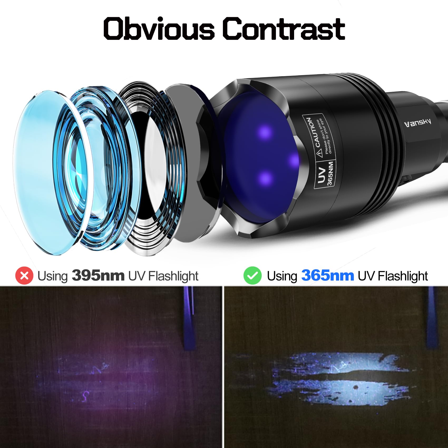Vansky 365Nm Black Light Flashlight: Professional Blacklight Rechargeable Uv Flashlights With 3 Leds - Rock Hunting - Scorpion Hunting & Pet Urine Detector