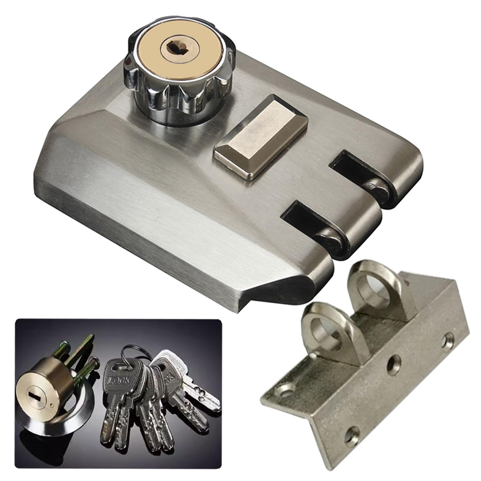 Farfellny Home Door Vertical Keyway Deadbolt Rim Locks Set,Deadlock,Single Cylinder Metal Lock,Twist-To Locking Cylinder Deadbolt Lock,With Keyed Angle And Flat Strike Inter Locking,Alloy,Silver