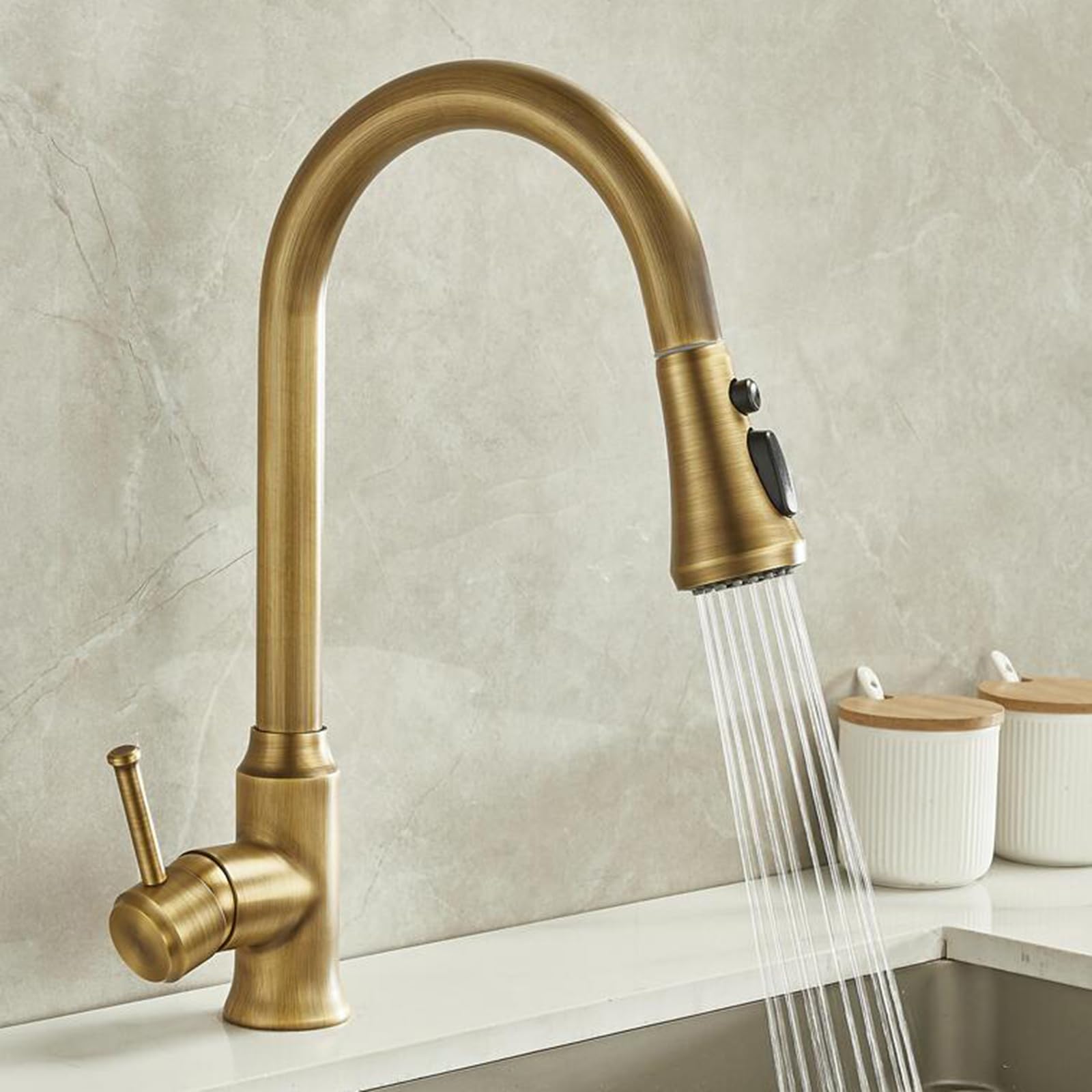 Qqamognnk Kitchen Faucets With Pull Out Spray, Antique Brass 3 Modes 360° Rotation Pull Out Kitchen Mixer Faucet-Antique
