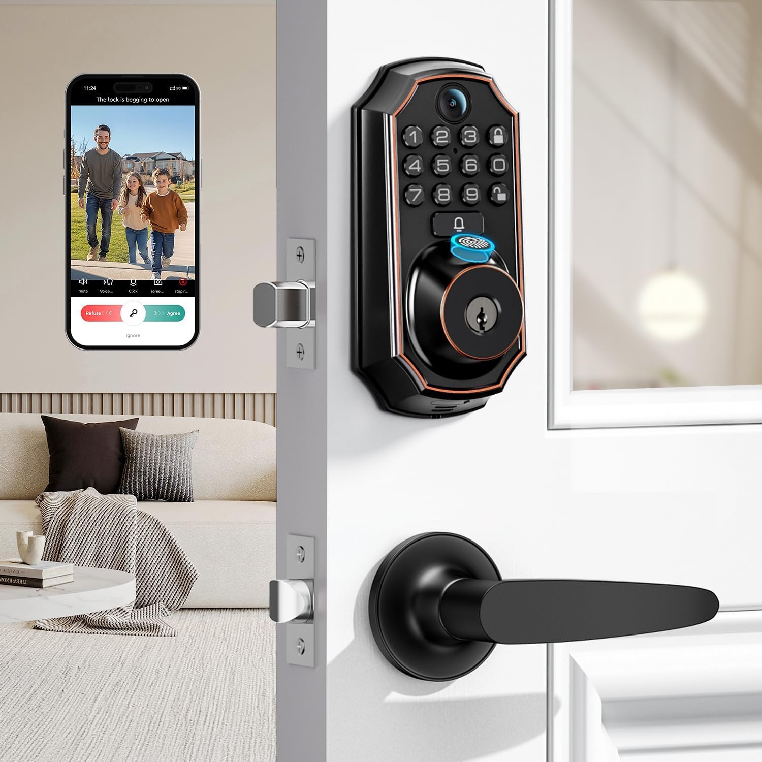 Arpha Wifi Video Smart Lock With Camera & Doorbell - 5-In-1 Keyless Entry, Fingerprint, Keypad, App Control, Two-Way Audio, Auto Lock, Waterproof, Easy Installation