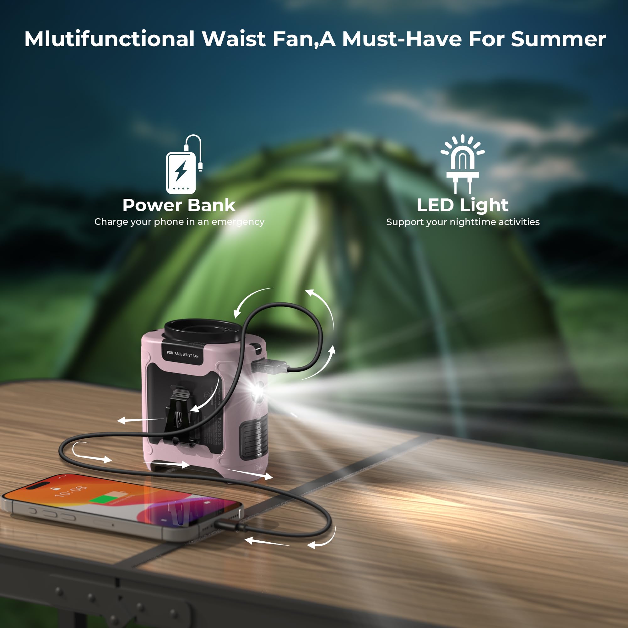 Panergy Portable Waist Fan,40H Cooling Personal Wearable Fan With Dual Clip, Flashlight, 5 Speeds