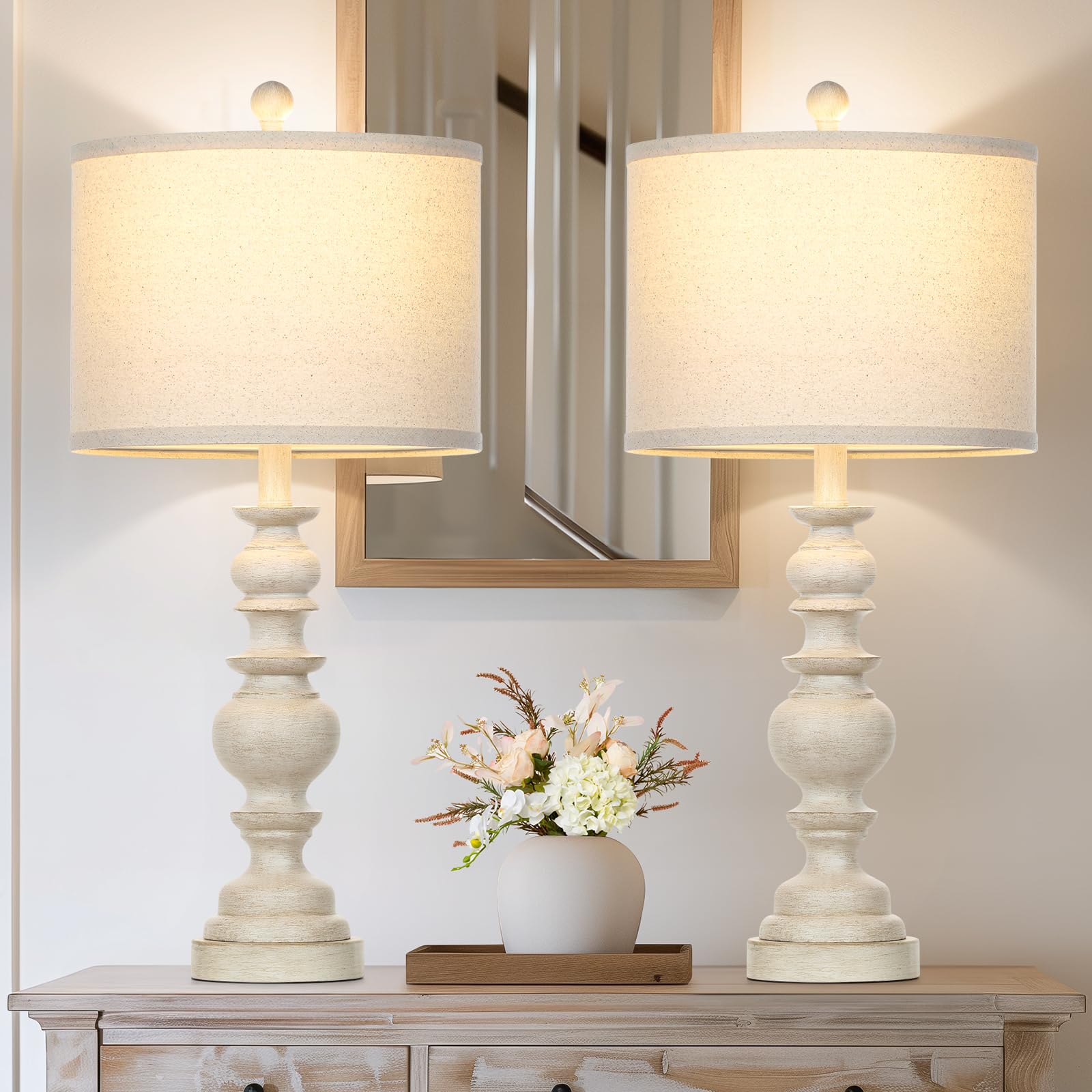 Ruzectt 27.5" Farmhouse Table Lamps Set Of 2, Rustic Living Room Lamps With Usb C+A Ports & Ac Outlet, Vintage Bedside Lamps With Linen Shade, Tradition Bedroom Lamps For Nightstand Side End Table Desk, Beige