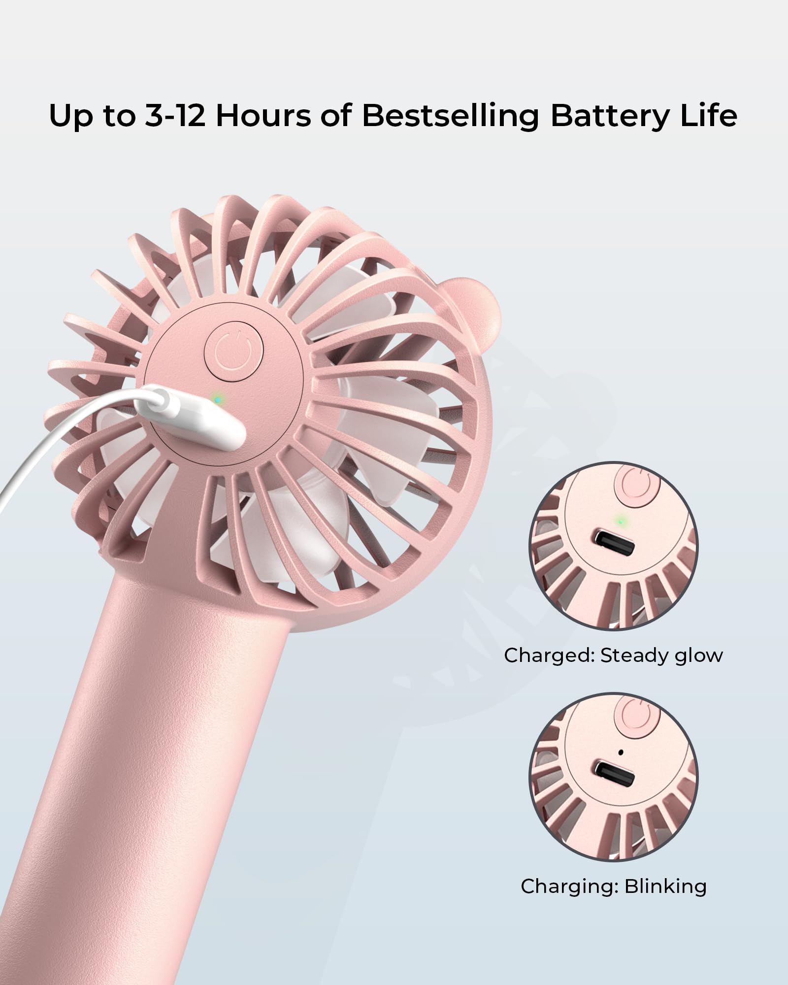 Mini Portable Fan, Handheld Fan with 3 Speeds for 2000mAh Battery USB-C Rechargeable, 3-Speed Quiet Operation, Stylish for Outdoors & Travel