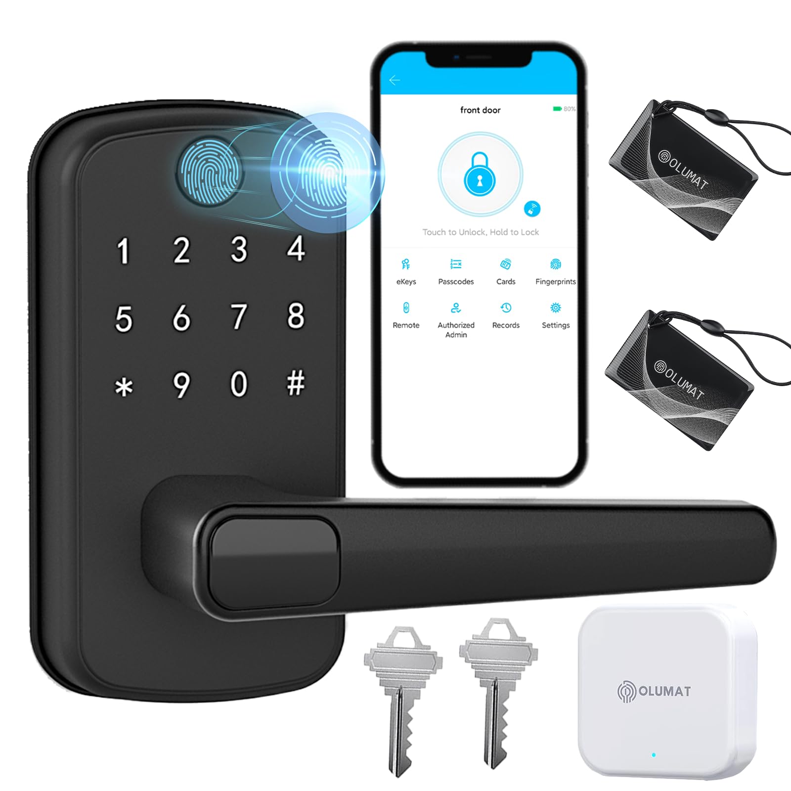 Olumat Smart Lock Gateway: Keyless Entry Door Lock With Keypad, Fingerprint, And App Control - Biometric Home Security (Black)