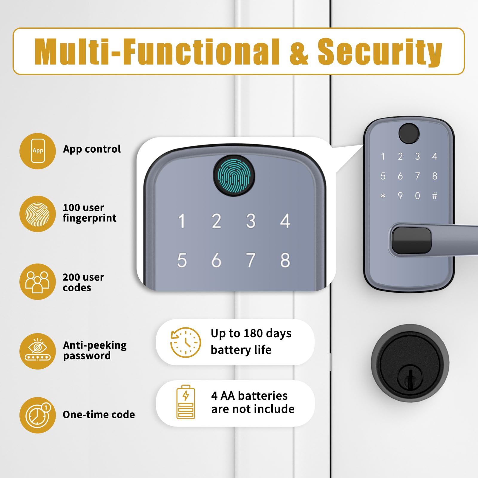 Olumat Smart Door Lock With Handle: Keyless Entry Door Lock With Keypad, Fingerprint, And App Control - Biometric Door Lock For Home Security - Easy Installation (Silver Gray)