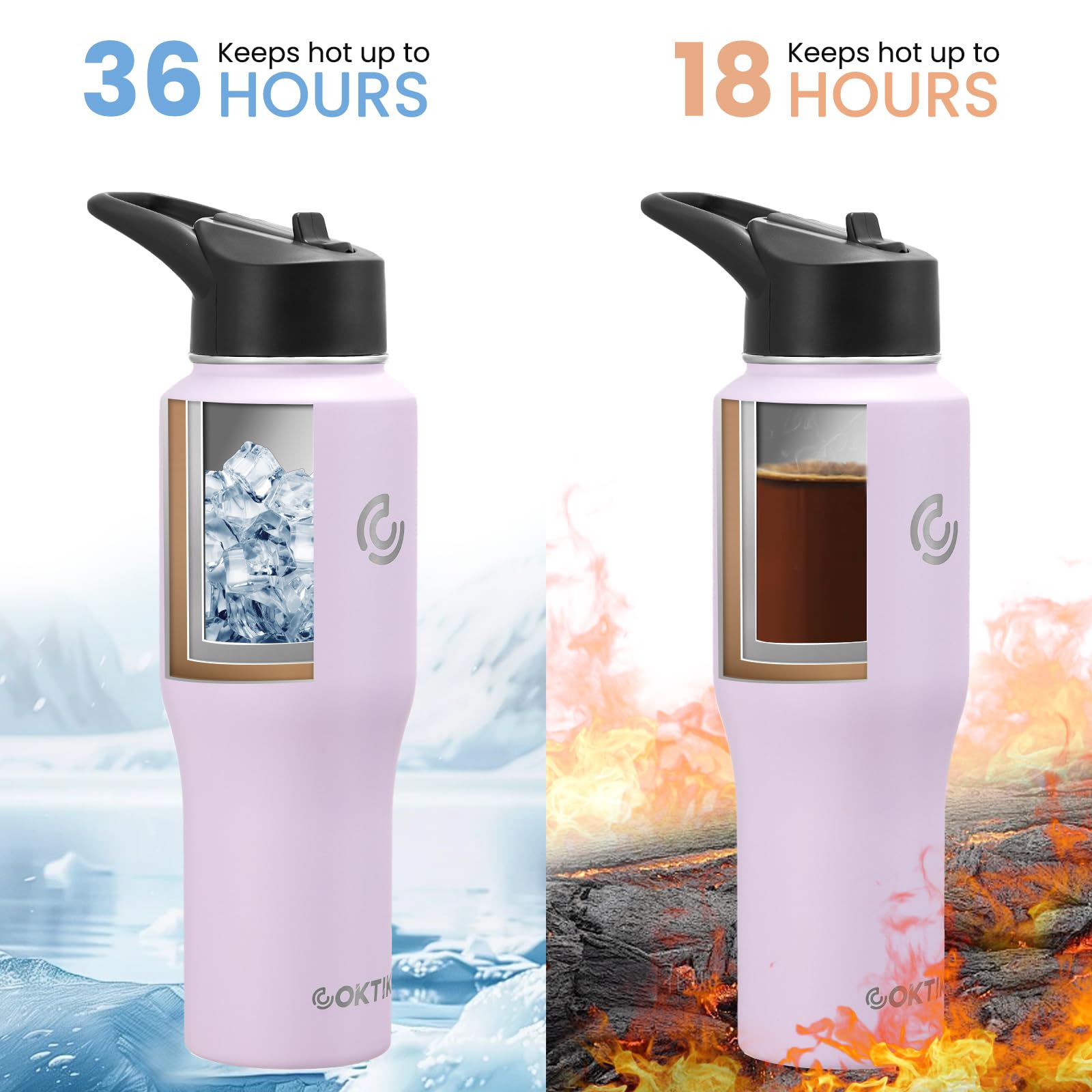 Coktik Water Bottle Insulated, 32Oz Water Bottles Straw Lid, Spout Lid, Cold For 36 Hrs