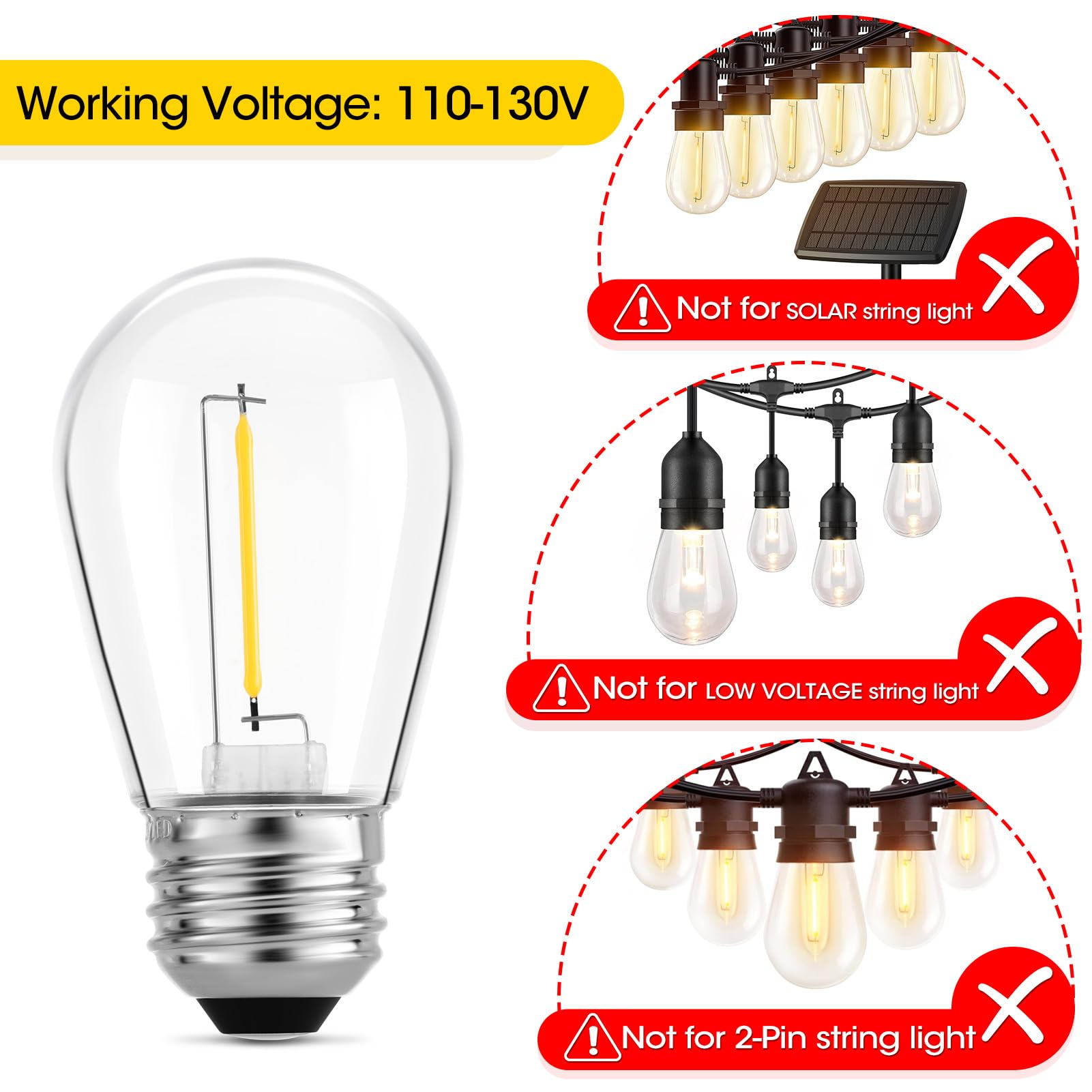 Meconard 24-Pack Led 1W String Light Bulbs, S14 Plastic Shatterproof Edison Vintage Style Replacement 1 Watt Outdoor Light Bulbs 2200K, Waterproof, Warm White Equivalent To 11W, E26 Base