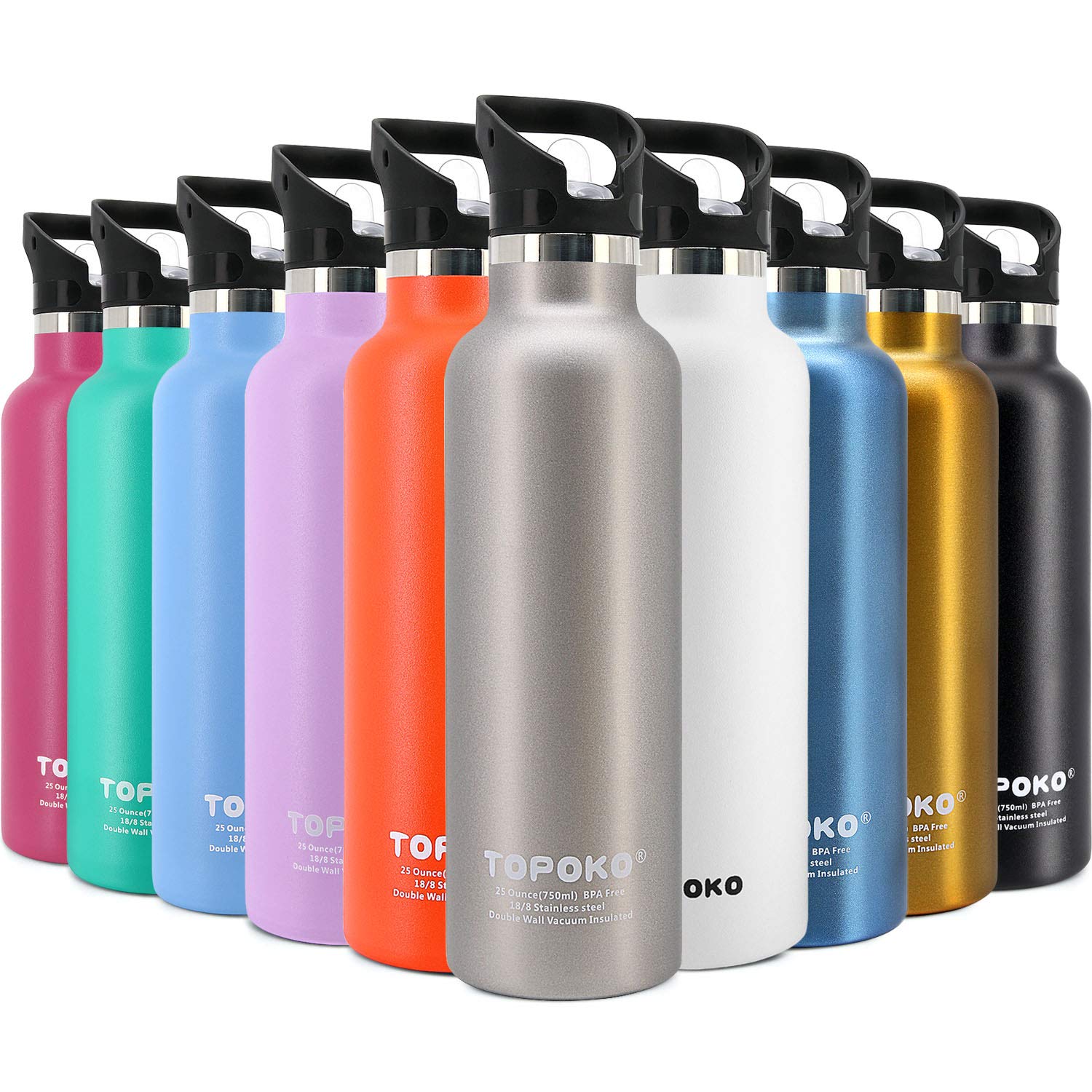 Topoko 25 Oz Double Wall Stainless Steel Water Bottle, Straw Lid With Handle, Vacuum Insulated