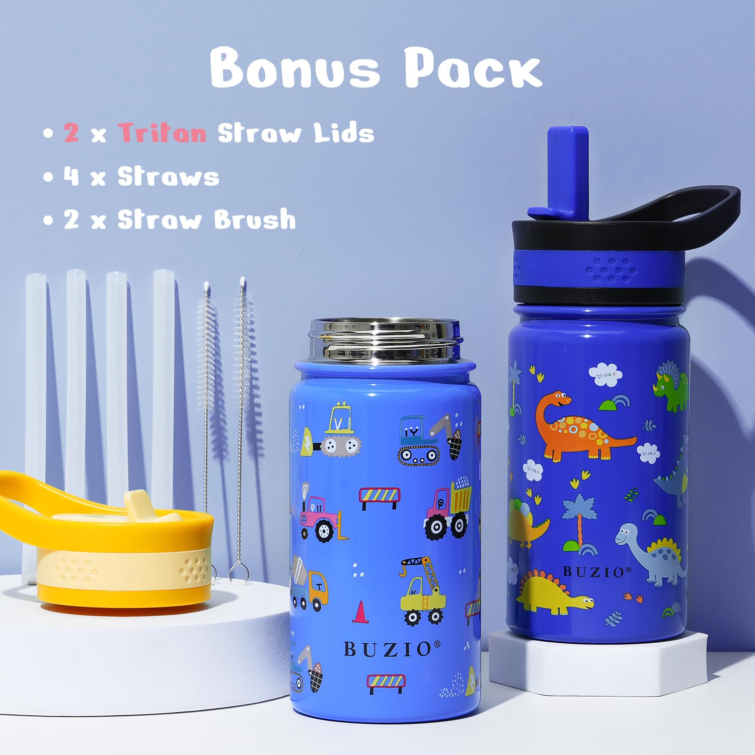 2 Pack Insulated Kids Water Bottle, Buzio 14Oz Stainless Steel Water Bottles With Tritan Straw Lid