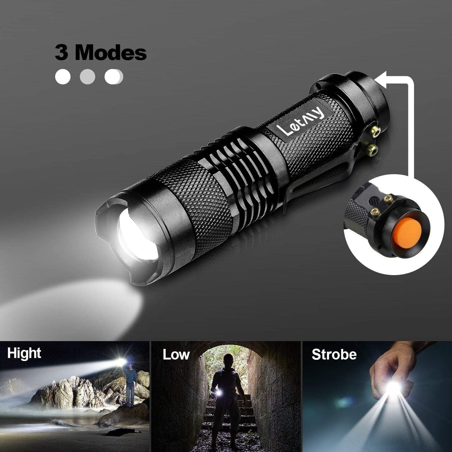 Letmy Tactical Flashlight, Super Bright Led Mini Flashlights With Belt Clip, Zoomable, 3 Modes, Waterproof - Best Edc Flashlight For , Hiking, Camping, Hurricane & Power Outage (2 Pack)