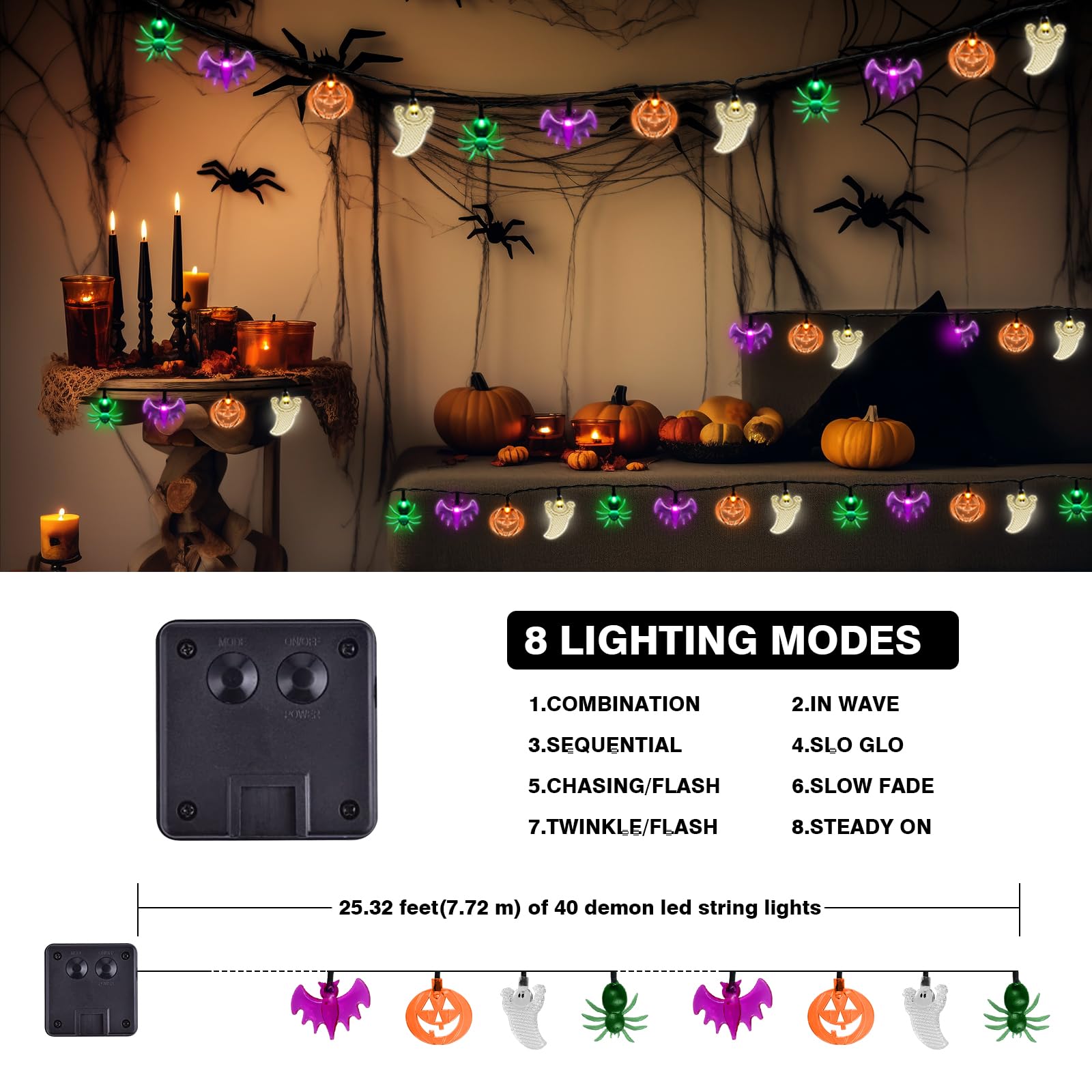 Betrihyes Solar Halloween String Lights Outdoor,Halloween Decorations Spooky Lights With 26Ft 40Led Pumpkin Bat Ghost Spider Magic Outside Decorations,Solar Halloween Lights For Home Party Yard Decor