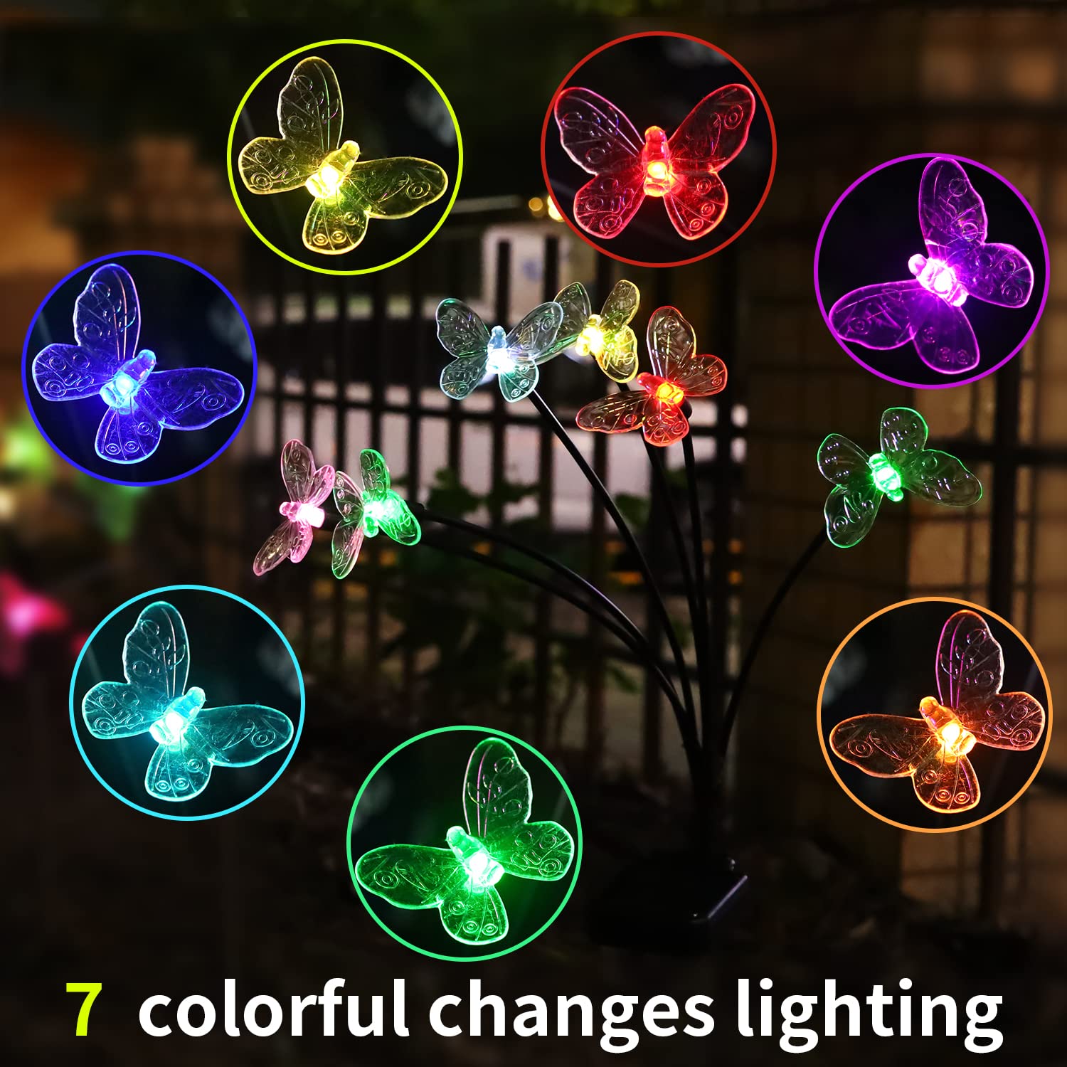 Zrjnled Solar Outdoor Lights Waterproof, Garden Butterfly Lights 7 Color Changing, Sway By Wind, For Patio, Flower Beds, Garden, Backyard, Fence, Walkway, Party, Wedding, Xmas (Colour, 2 Pack Butterfly)