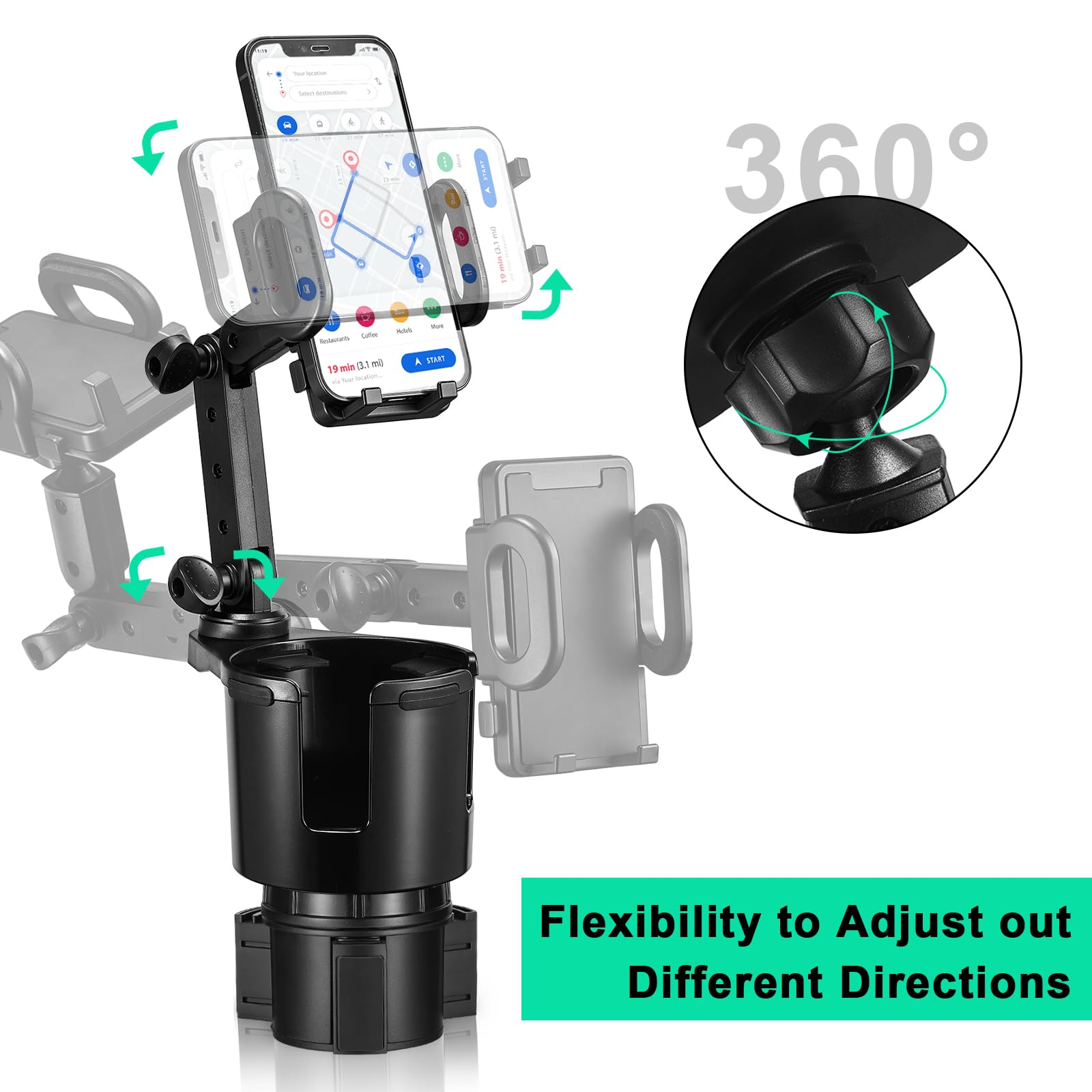 This Hill Car Cup Holder Expander Adjustable Base With Phone Mount 360° Rotation Cup Holder Cell Phone Holder For Car Compatible With Iphone All Smartphones