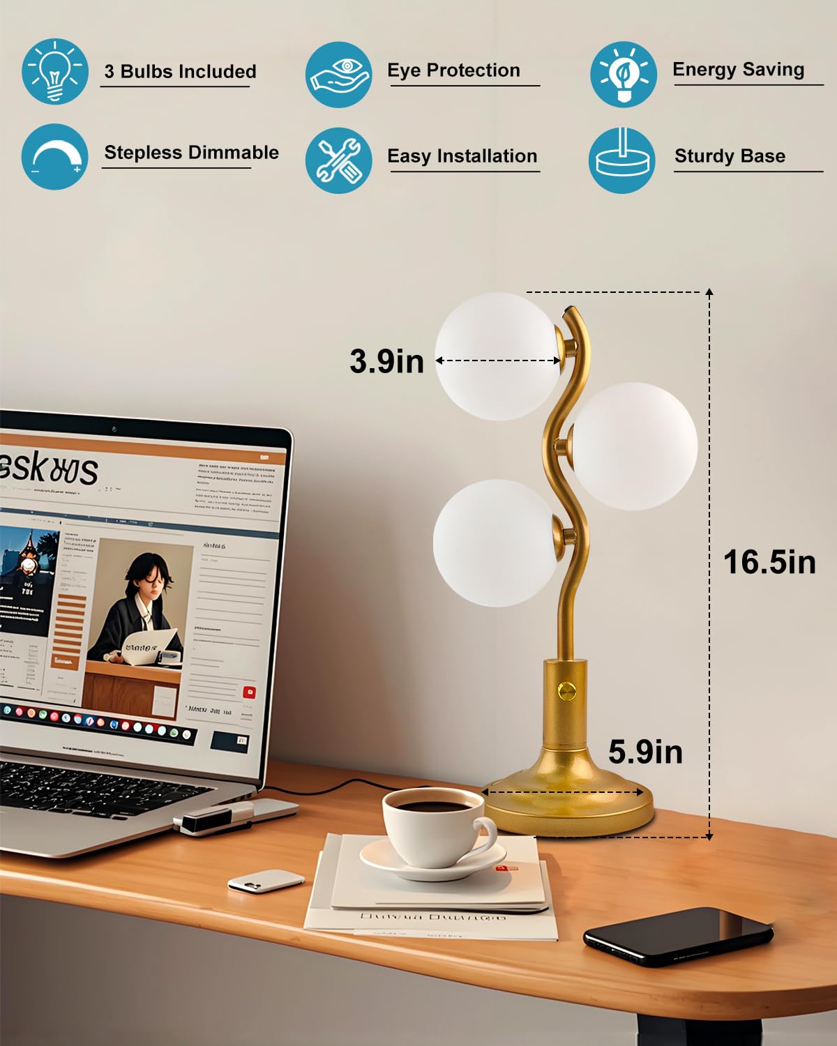 Lightdot Mid Century Globe Table Lamp Dimmable Modern 3 Lights Gold Desk Lamp 3000K Warmwhite Beside Table Lamp For Bedroom Living Room Study Room(G9 Bulbs Included)