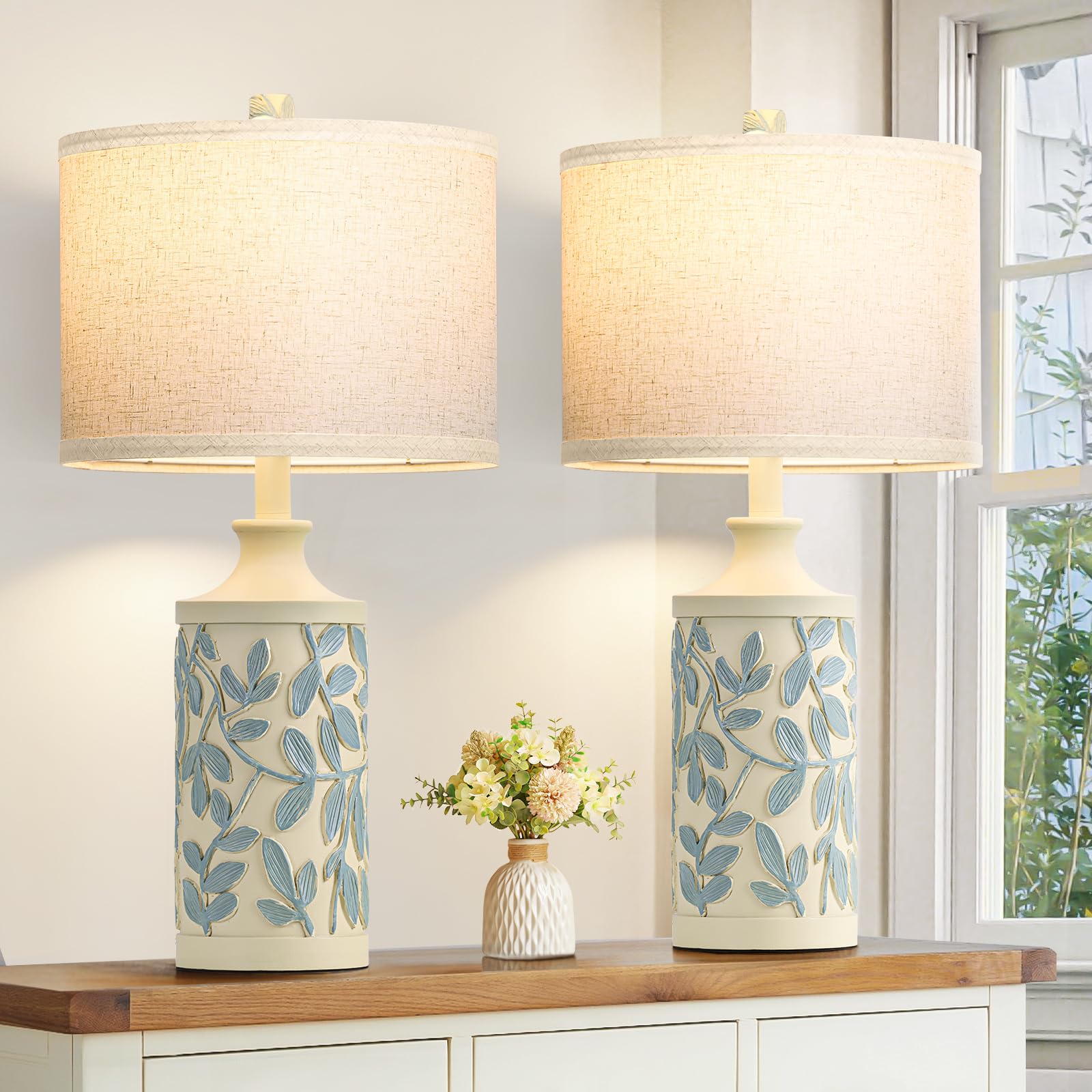 Spclsim Farmhouse Table Lamps For Bedroom Set Of 2, 24" Rustic Living Room End Table Lamps With Resin Body Leaf Pattern Oatmeal Shade, Vintage Bedside Nightstand Lamps With 3 Color Temperatures, Bulb Included