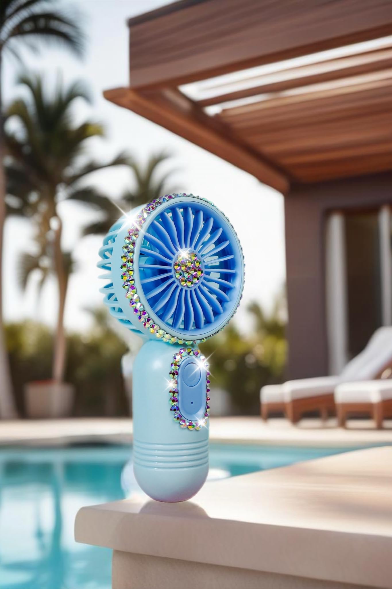 USB rechargeable bling rhinestone mini handheld fan, 3-speed settings for cooling with a stylish design