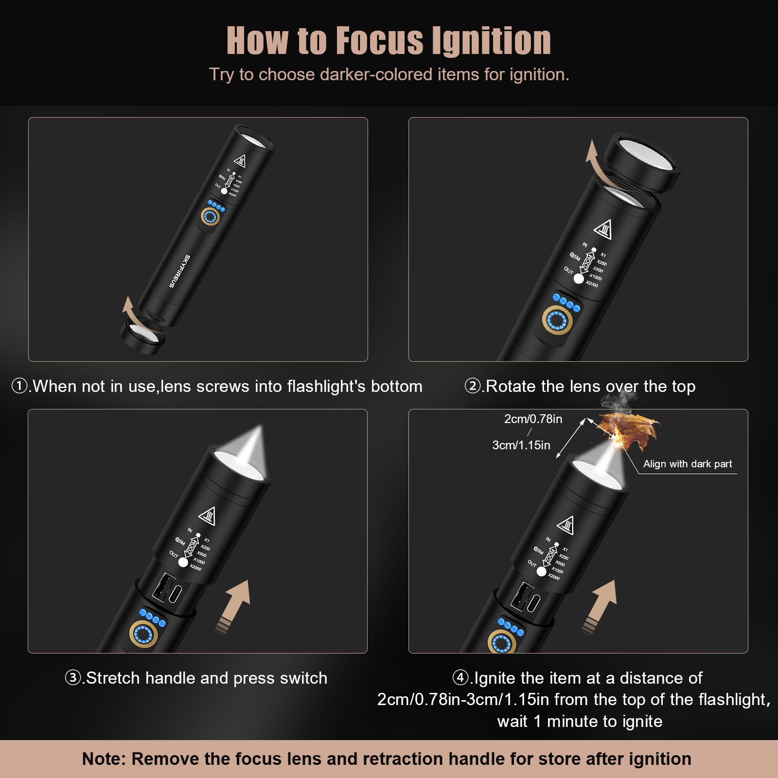 Skyfire Led Rechargeable Flashlight With Focusing Lens,2000000 Lm Super Bright Tactical Flashlights High Lumens,Five Modes,Camping Flash Light For Outdoor,Emergency-Black