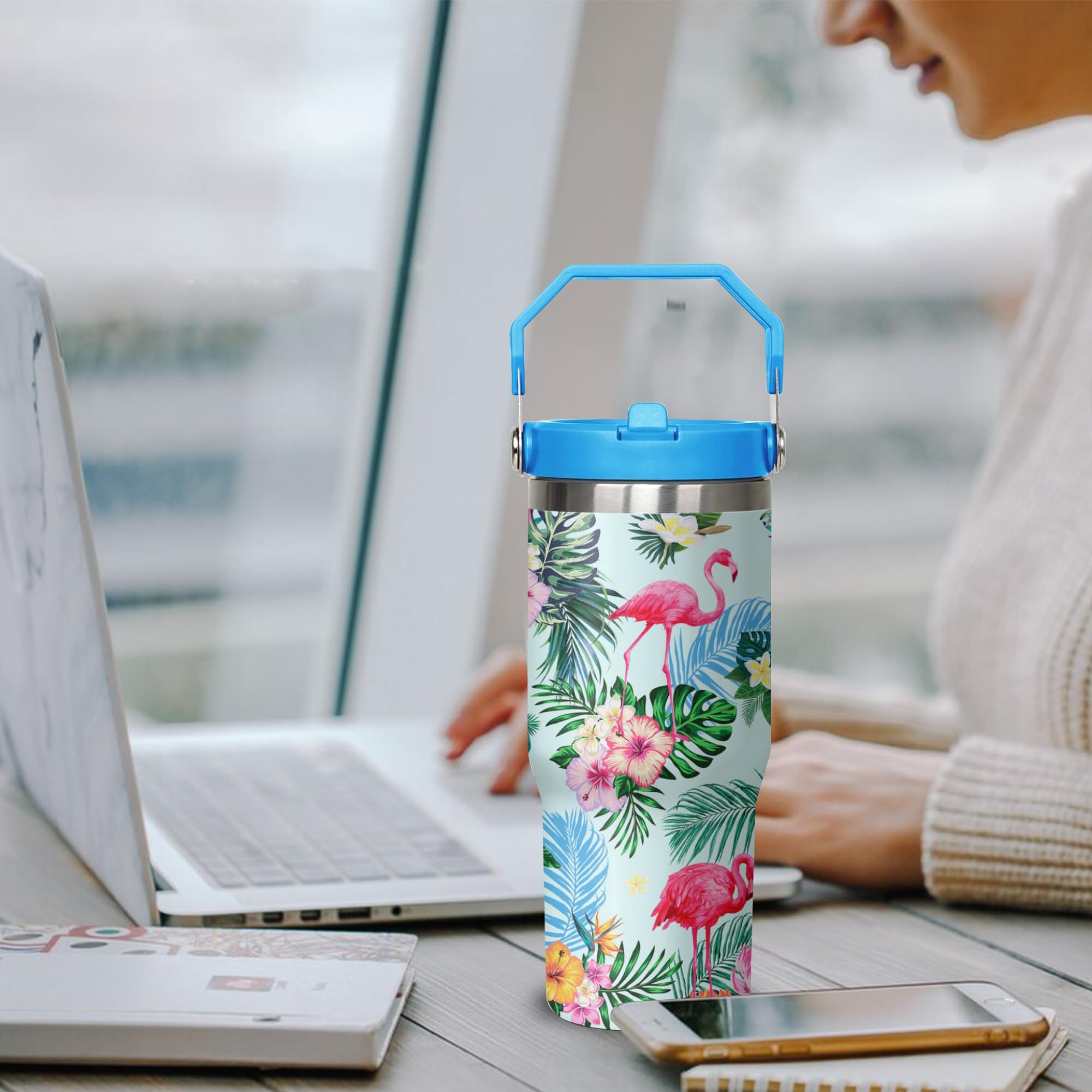 Flamingo Tumbler With Handle And Flip Straw For Women Men, 30Oz Stainless Steel Insulated Cup