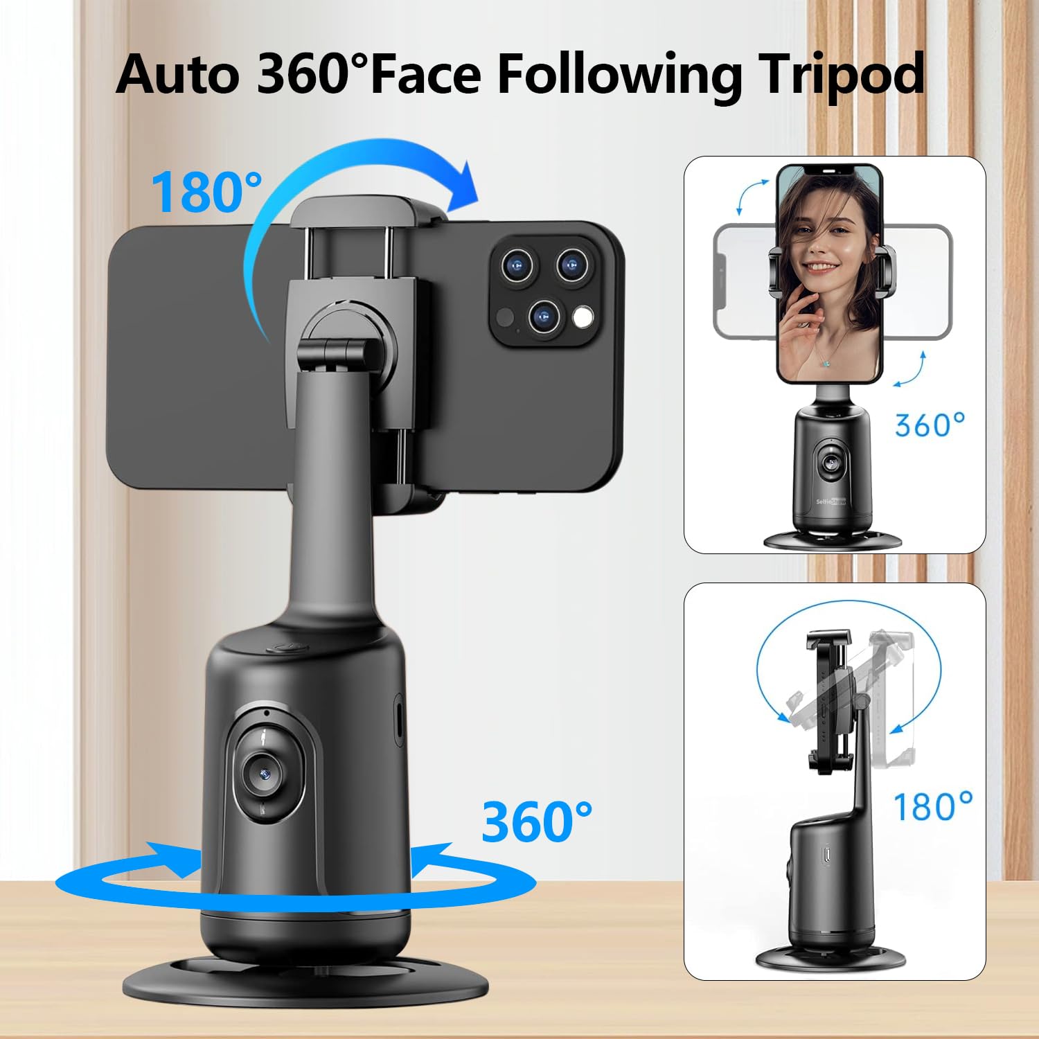Afarer Auto Face Tracking Phone Holder Tripod, 360° Rotation Selfie Phone Stand,Smart Face & Body Tracking Camera Mount For Tiktok, Vlog, For Youtube Live Streaming - Black