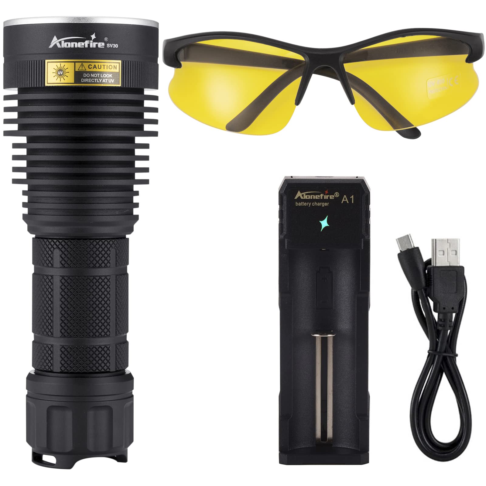 Alonefire Sv40 15W 365Nm Uv Flashlight Usb Rechargeable Blacklight Black Light Urine Detector For Resin Curing, Dry Glue,Scorpion,Fishing,Minerals With Uv Protective Glasses, Charger, Battery Included