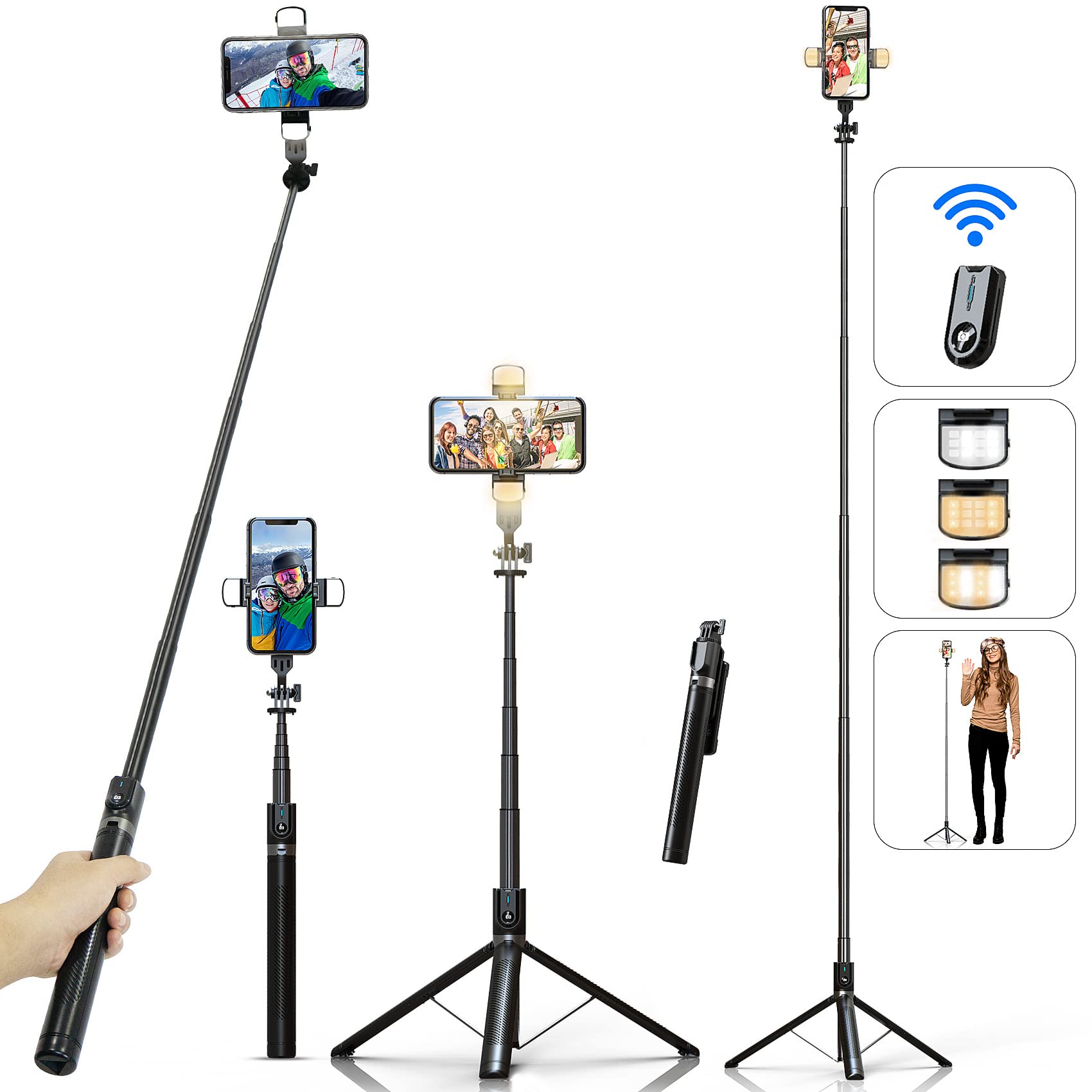 Ashiner Selfie Stick Phone Tripod With Remote And Led Fill Lights - 70 Inch Heigh Cell Phone Holder For Travel, Vlogging, Live Streaming Video And Photos,Phone Stand Compatible With Iphone And Android