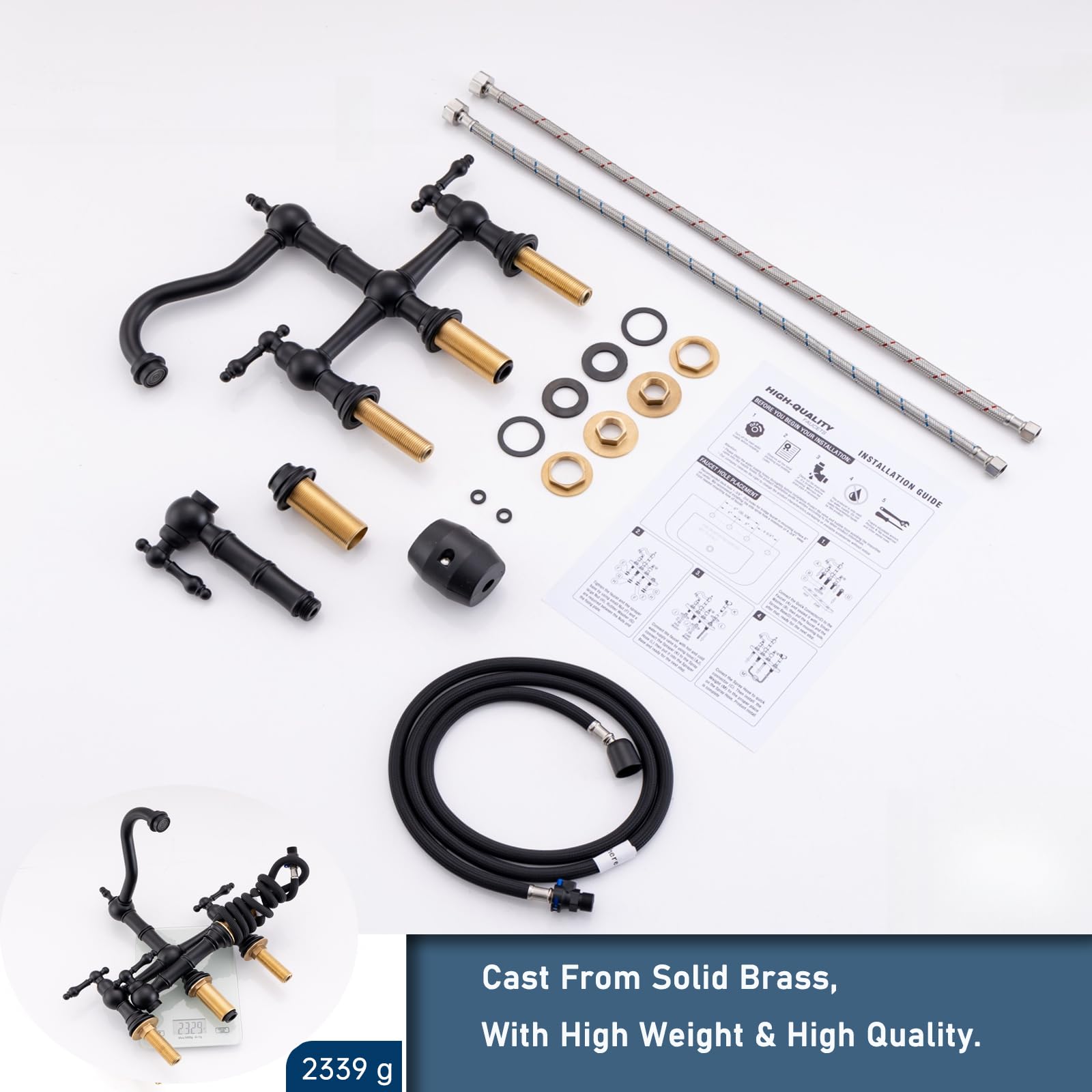 Ekrte Black Bridge Kitchen Faucet With Side Sprayer,2-Handle Bridge Faucet For Kitchen Sink, Matte Black Cassical Kitchen Faucet,Pull Out Centerset Bridge Sink Faucet