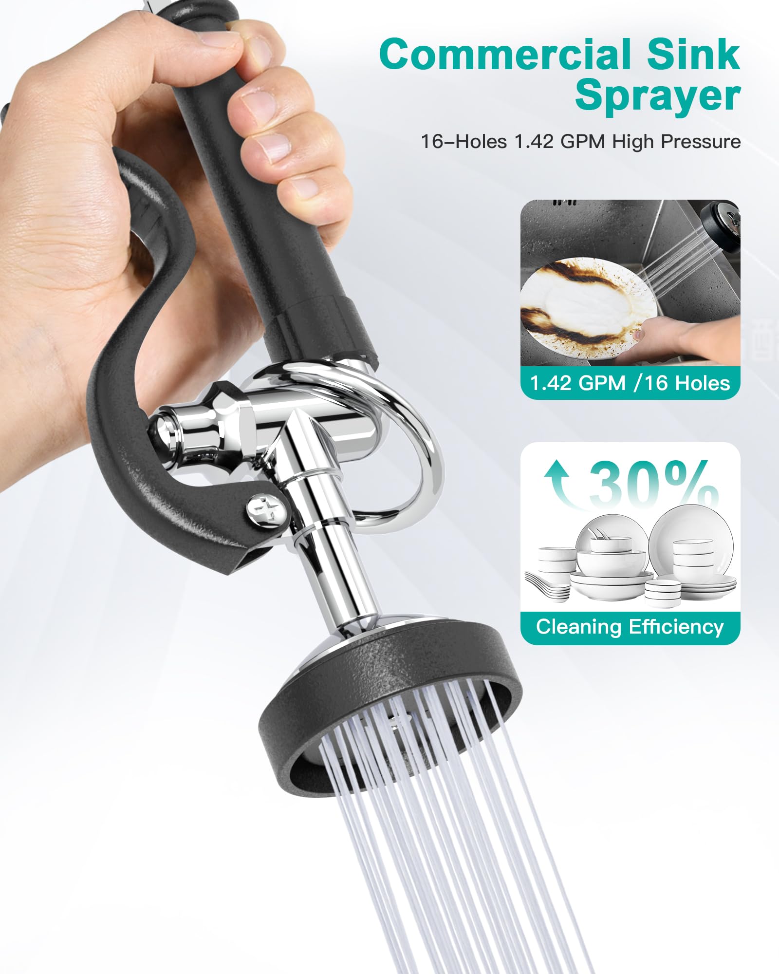 Rnatflu Commercial Faucet With Sprayer Wall Mount : 8 Inch Center Commercial Sink Faucet For Restaurant Industrial Kitchen- Height Adjustable (33-42 Inch) 3 Compartment Sink (Black Sprayer)