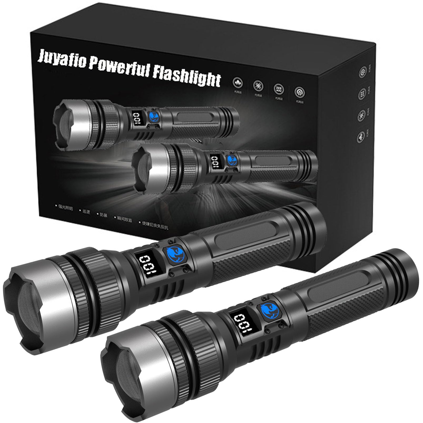 Zardvern Juyafio Powerful Flashlight 150000 Lumens, Usb Rechargeable Waterproof Handheld Flashlights High Lumens, 5 Modes Zoomable Torch With Lcd Digital Display For Hiking Hunting Camping (2Pcs)