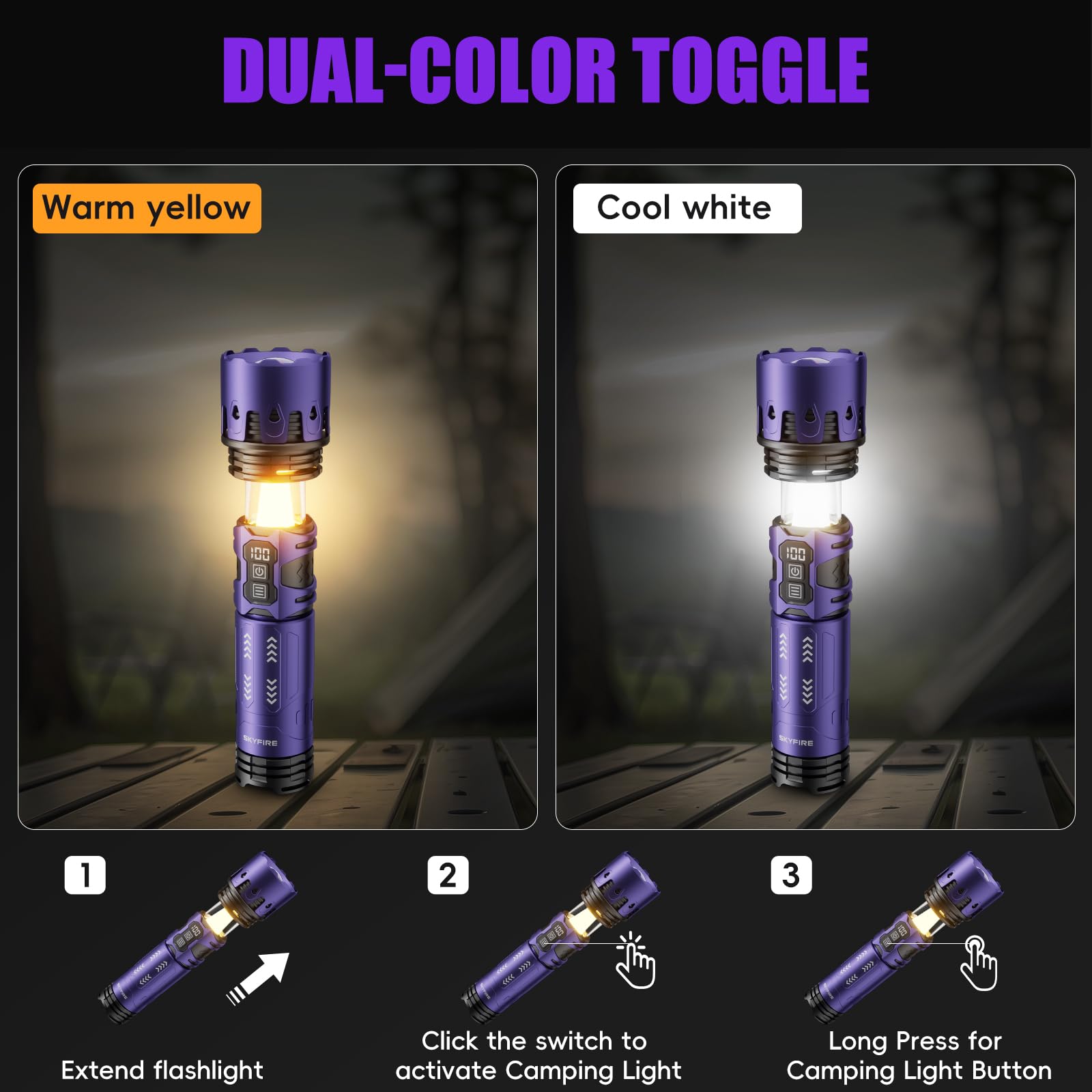 Skyfire Flashlights High Lumens,1500,000Lm Rechargeable Flashlights,Led Flashlight With Camping Lights,Outdoor Super Bright Flashlight Handheld Flashlights For Emergency,Camping,Searching,Home,Purple