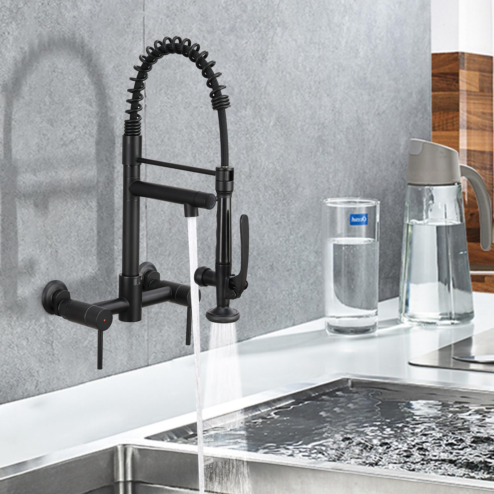 Demiinus Wall Mount Kitchen Faucet With Pull Down Sprayer, 8 Inch Center Kitchen Sink Faucet, Heavy-Duty Commercial Wall Mount Faucets, 2 Handle Faucet For Kitchen Sink, Matte Black