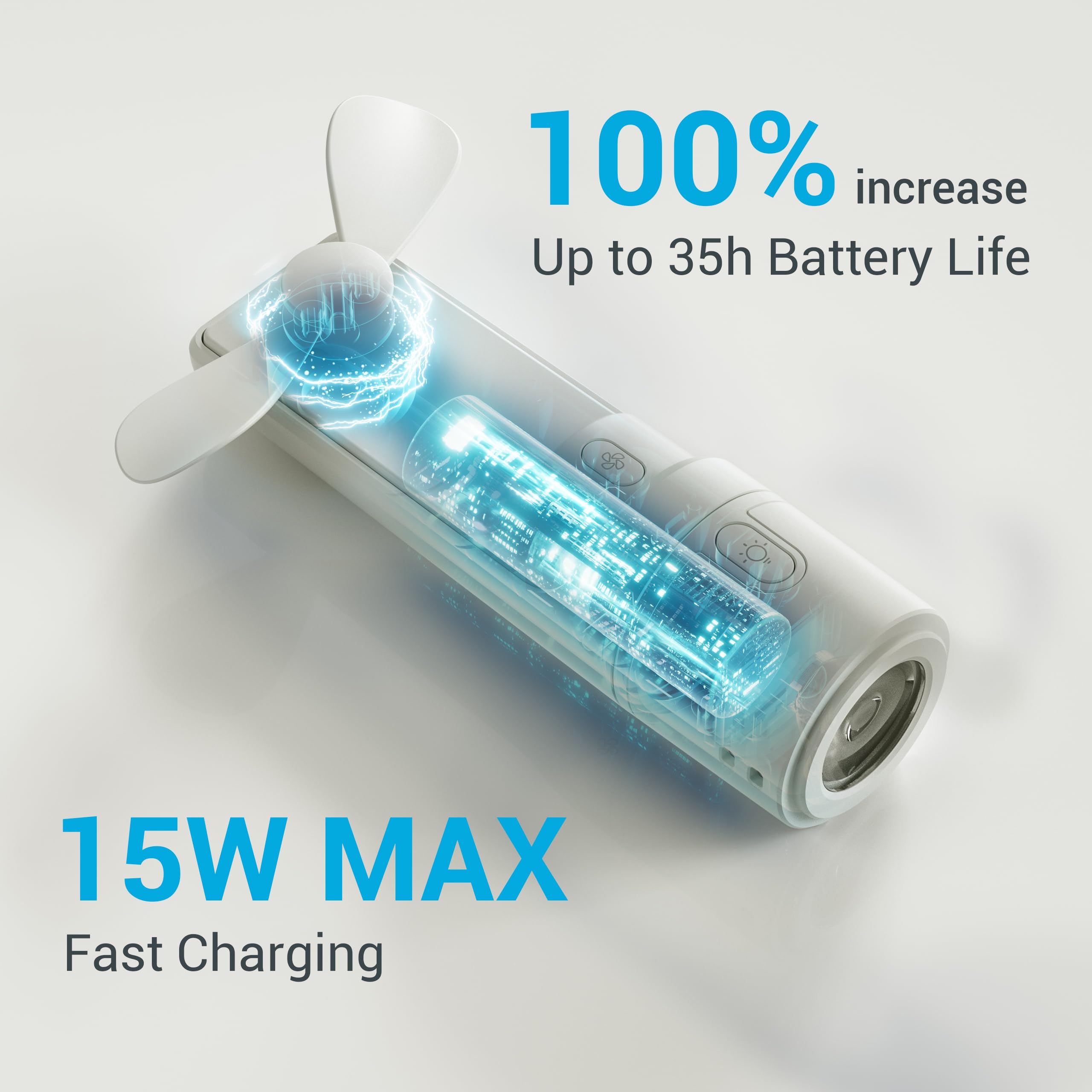 Mini portable 3-in-1 fan by Airluxe, rechargeable with 35-hour battery life and fast charging for all-day use