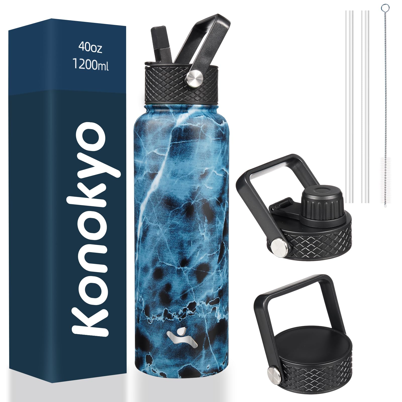 40Oz Insulated Water Bottle Stainless Steel Sport Bottles With 3 Lids,Marble Ocean