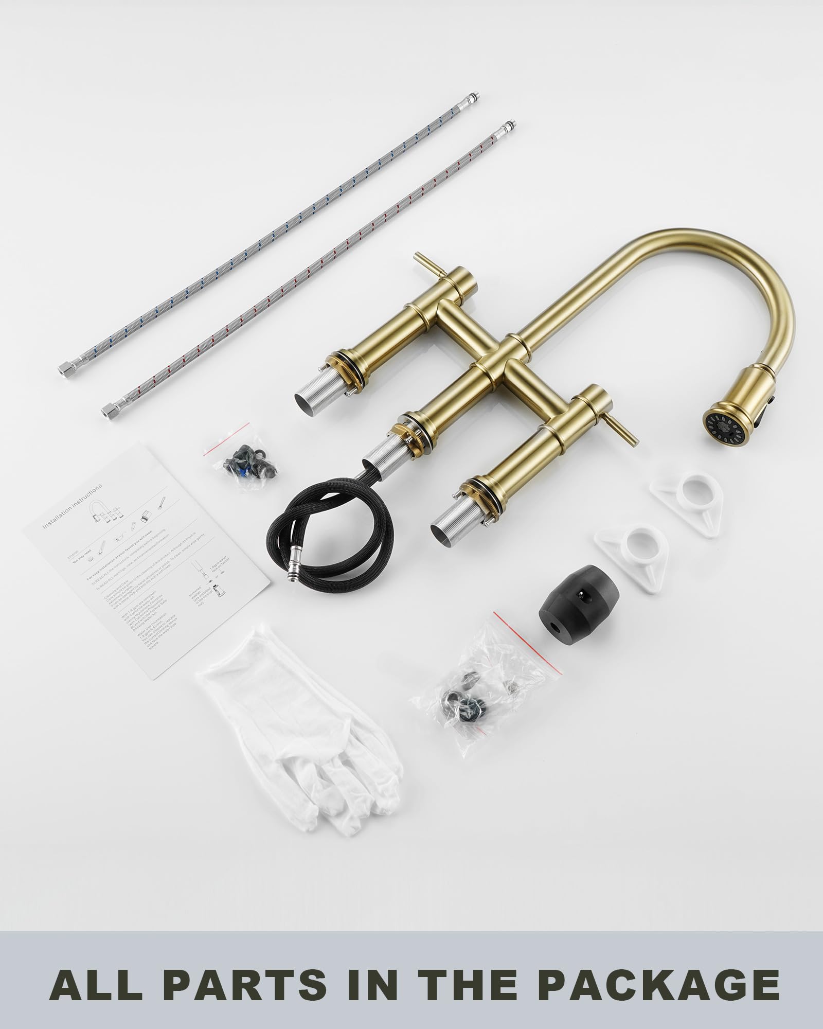 Iviga Bridge Faucet For Kitchen Sink: Gold Farmhouse 3 Hole Kitchen Faucet With Pull Down Sprayer (3 Spray Modes) - 2 Handle High Arc Brass Faucet With 360° Swivel, With Supply Lines