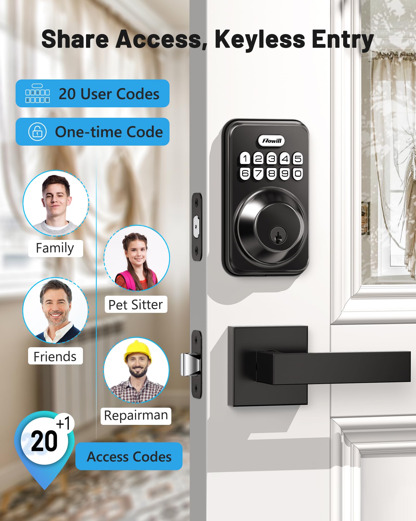 Zowill Keyless Entry Door Lock With 2 Lever Handles, Electronic Keypad Deadbolt, Auto-Locking, Anti-Peeping Password, Digital Code Door Lock, Front Door Handle Sets, Matte Black