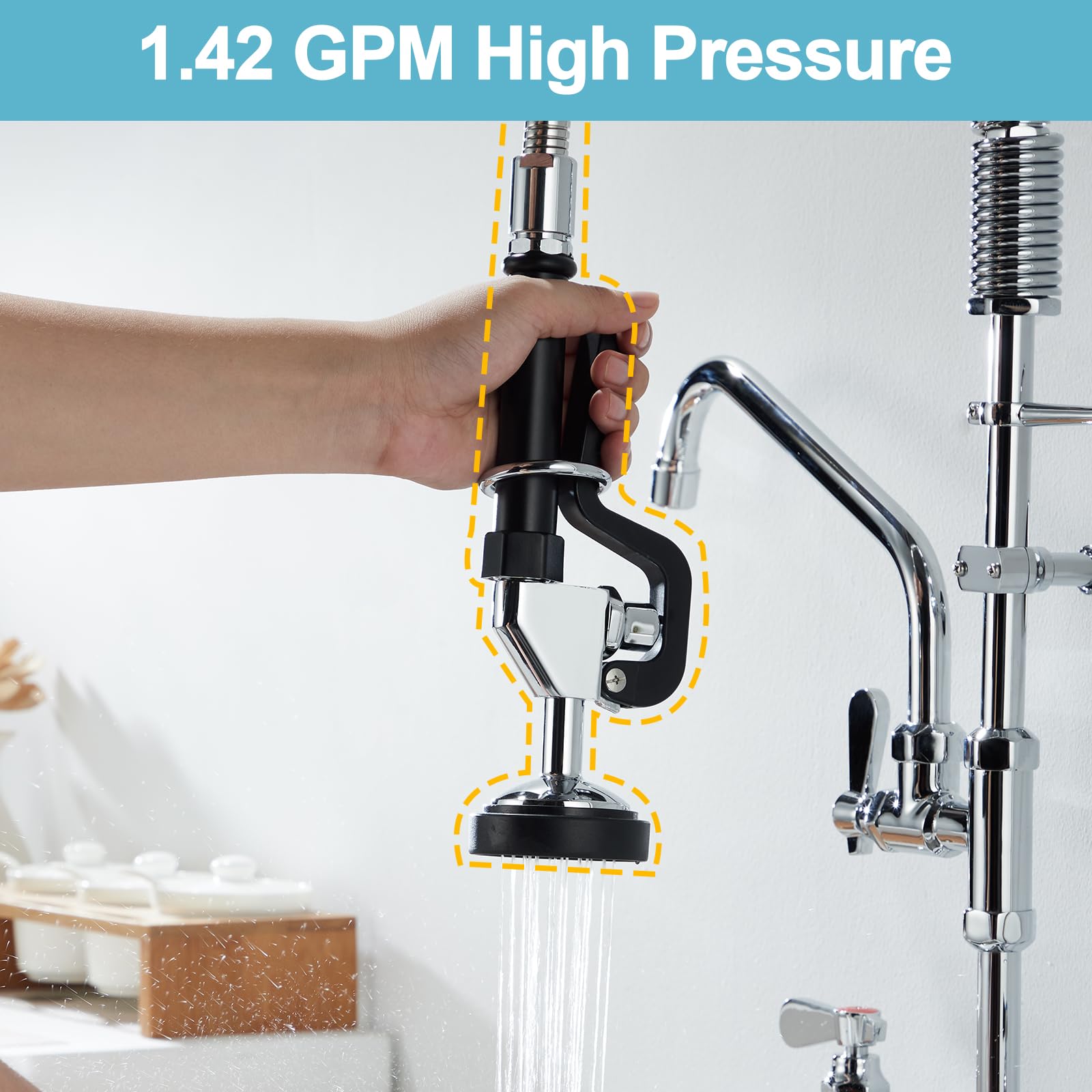 Favorpo Pre Rinse Sprayer Assembly 1.15/1.42 Gpm High Pressure Pull Down Spray Head Replacement For Commercial Sink Faucets