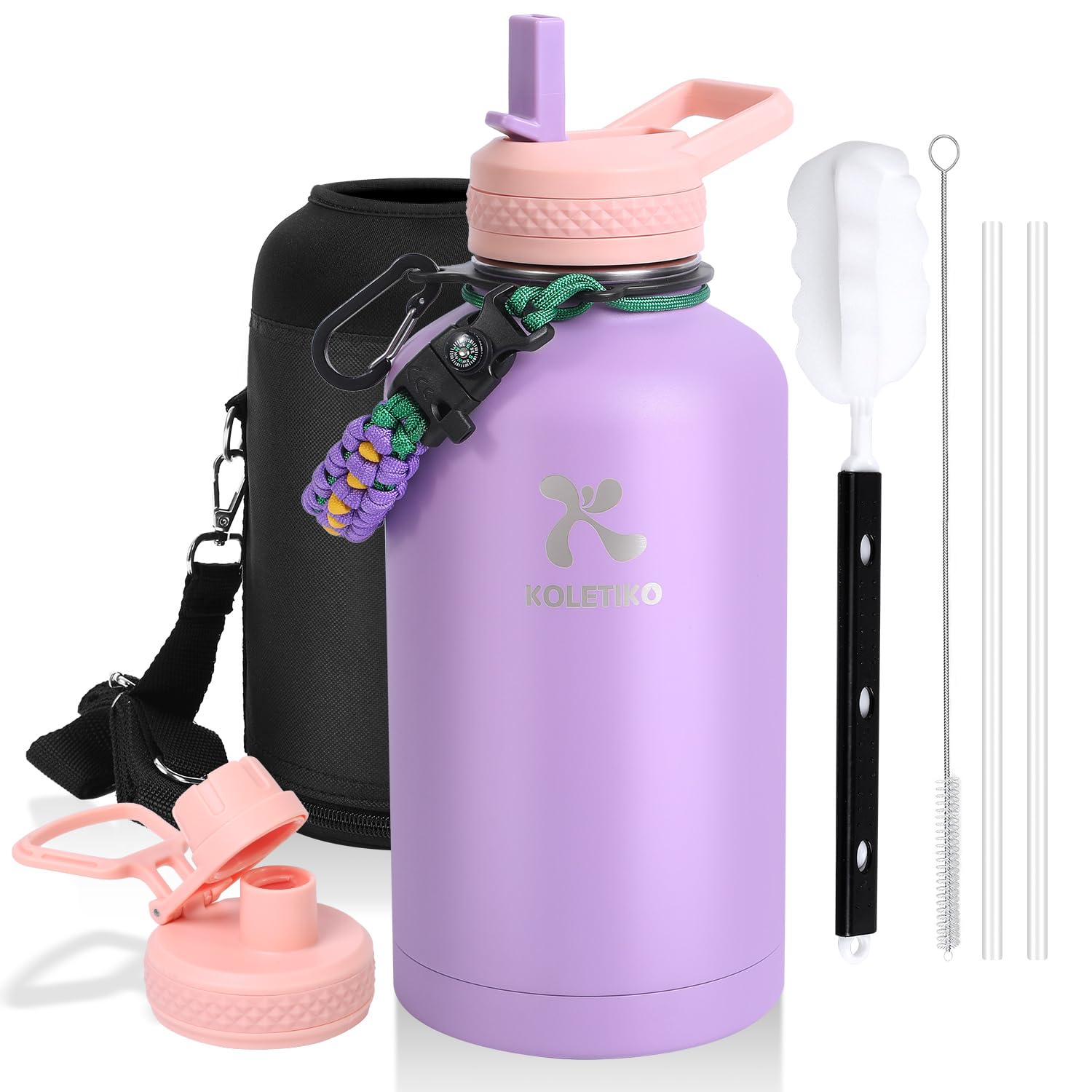 64 Oz Insulated Water Bottle With Straw, Vacuum Cold For 36 Hrs, Non-Bpa & Leak Proof, Half Gallon
