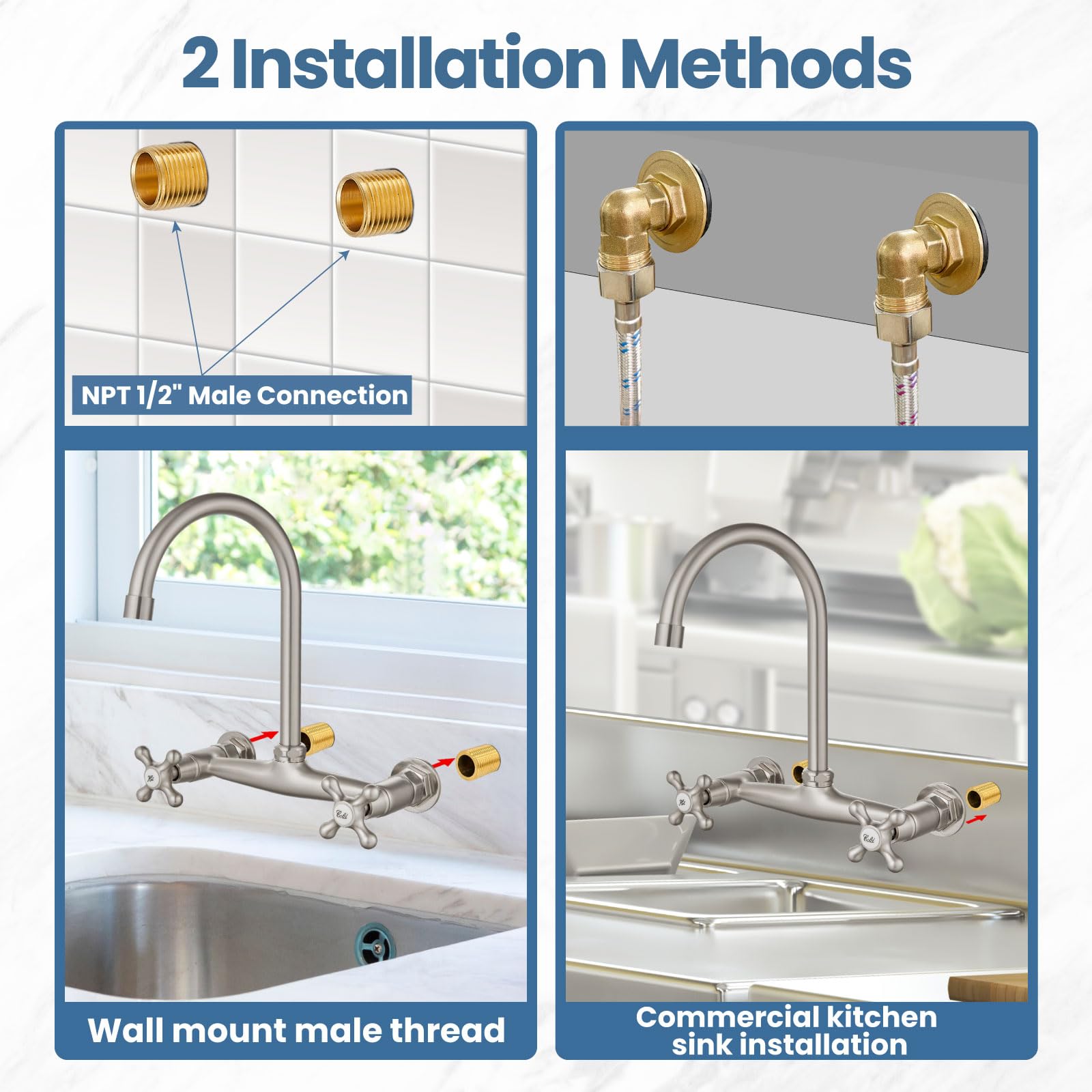 Airuida Brushed Nickel Wall Mounted Kitchen Faucet 8 Inch Center Wall Mount Commercial Sink Faucet 360 Degree Swivel Spout Utility Laundry Restaurant Sink Tap With 2 Handles