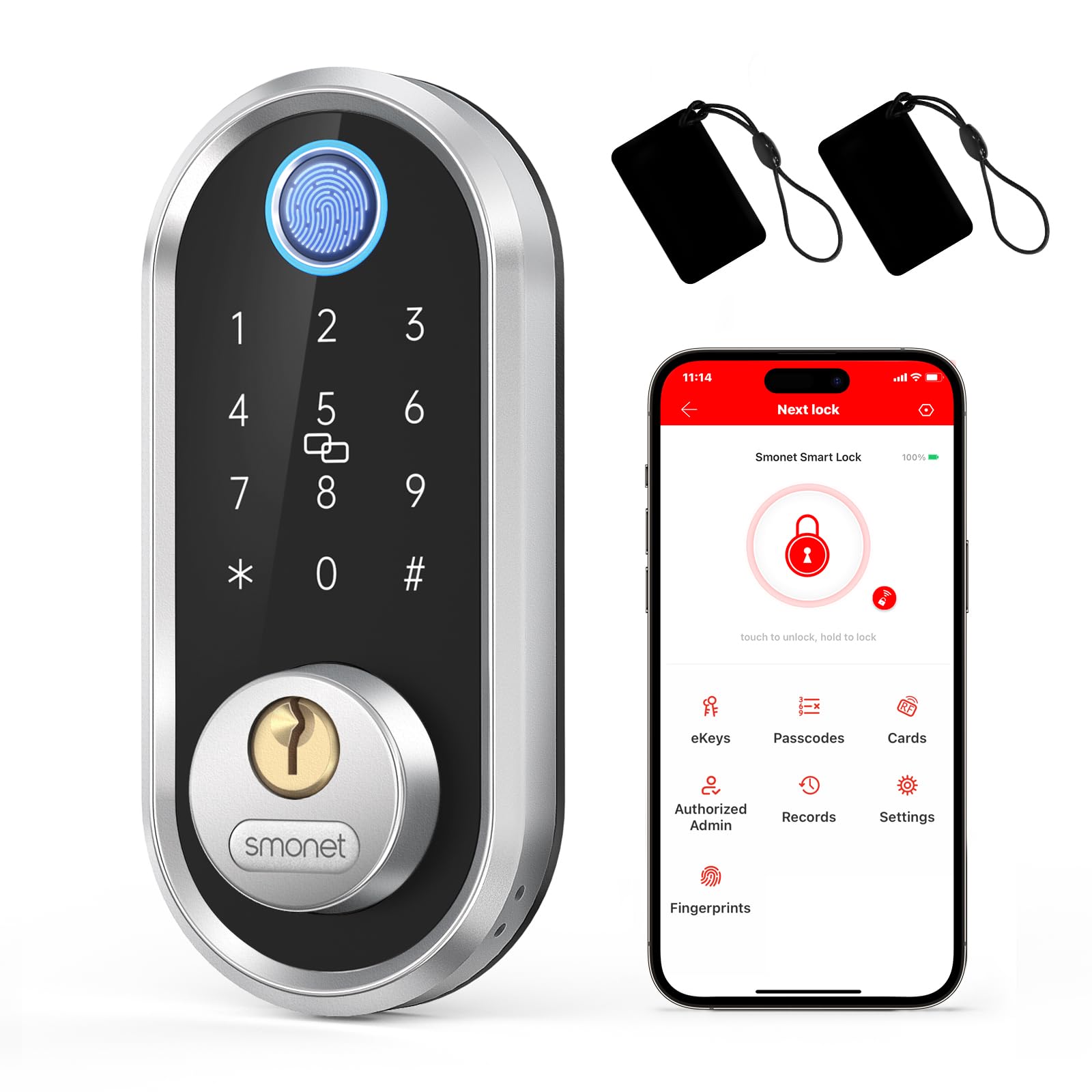 Smonet Smart Deadbolt, Fingerprint Electronic Deadbolt Door Lock With Keypad-Bluetooth Keyless Entry Front Door Digital Keypad App Control, Ekeys Sharing, App Monitoring Auto Lock For Homes And Hotel