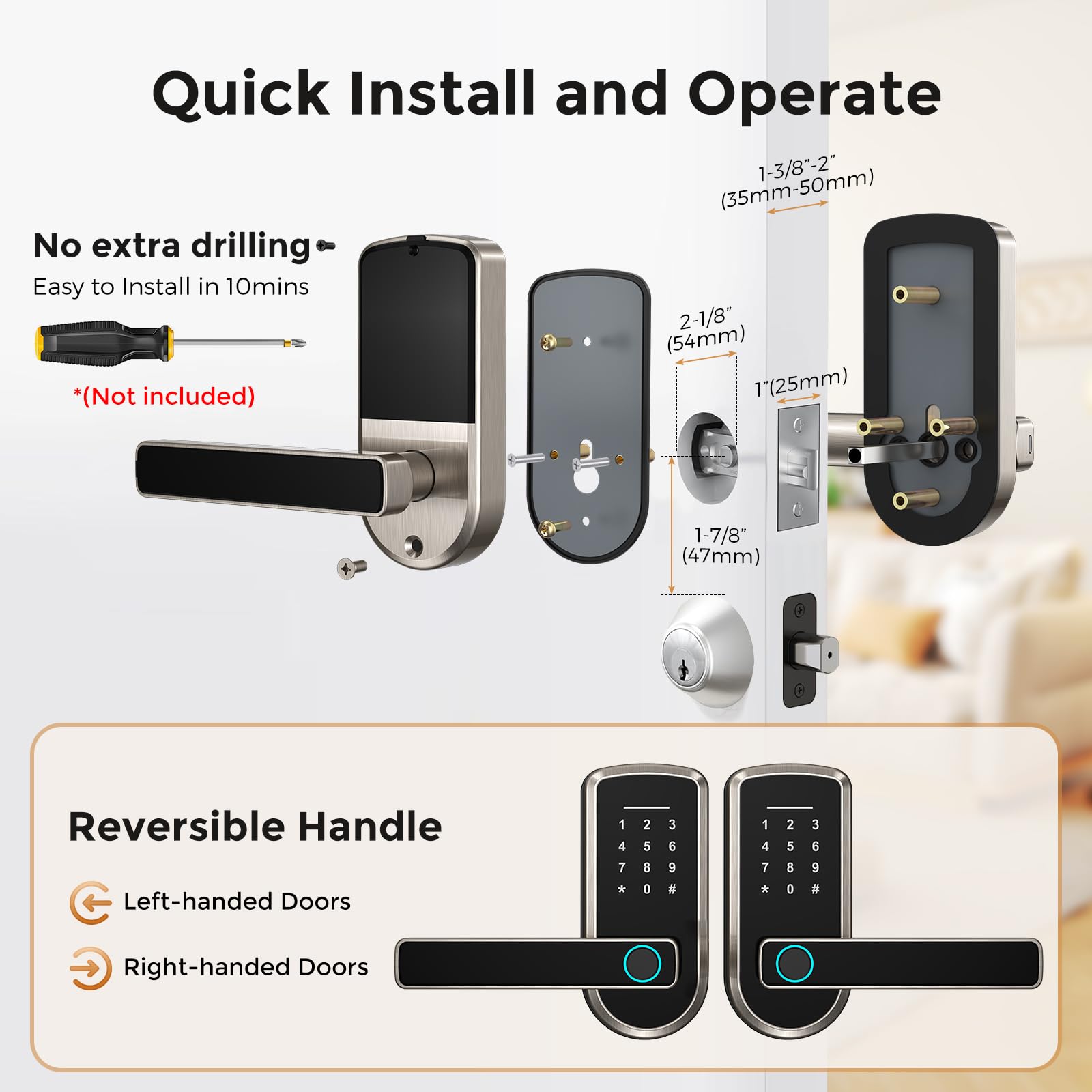 Outne Keyless-Entry Fingerprint Smart Door Lock, Smart Locks For Front Door With Code Passcode App Control All In One Zinc Alloy Electronic Digital Door Lock With Keypad, Easy Installation