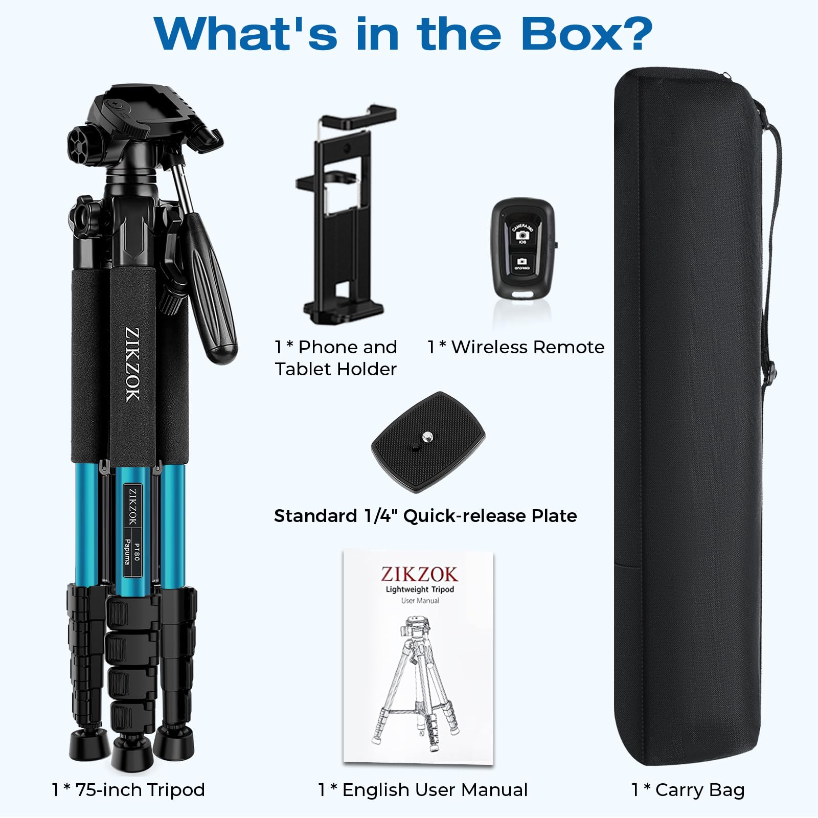 Zikzok 75" Heavy Duty Camera Tripod Stand With Bluetooth Remote - Max Load 15Lb, Aluminum Travel Tripod For Dslr/Phone/Tablet/Projector, 3-Way Pan Head & Quick Release Plate, Compact Foldable Design (Blue)