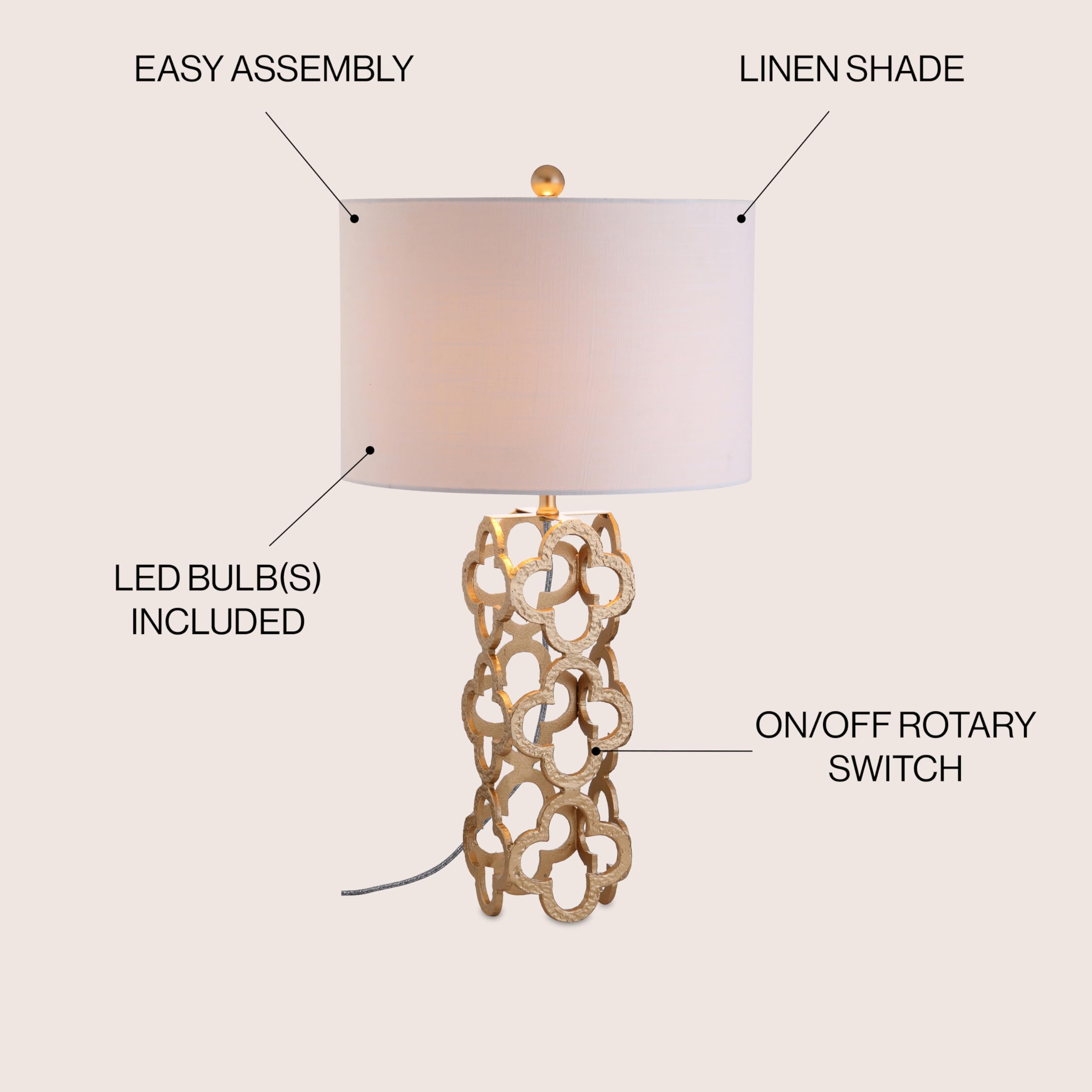 Jonathan Y Jyl1090A Oliver 26.5" Metal Quatrefoil Led Table Lamp Contemporary Glam Bedside Desk Nightstand Lamp For Bedroom Living Room Office College Bookcase Led Bulb Included, Gold