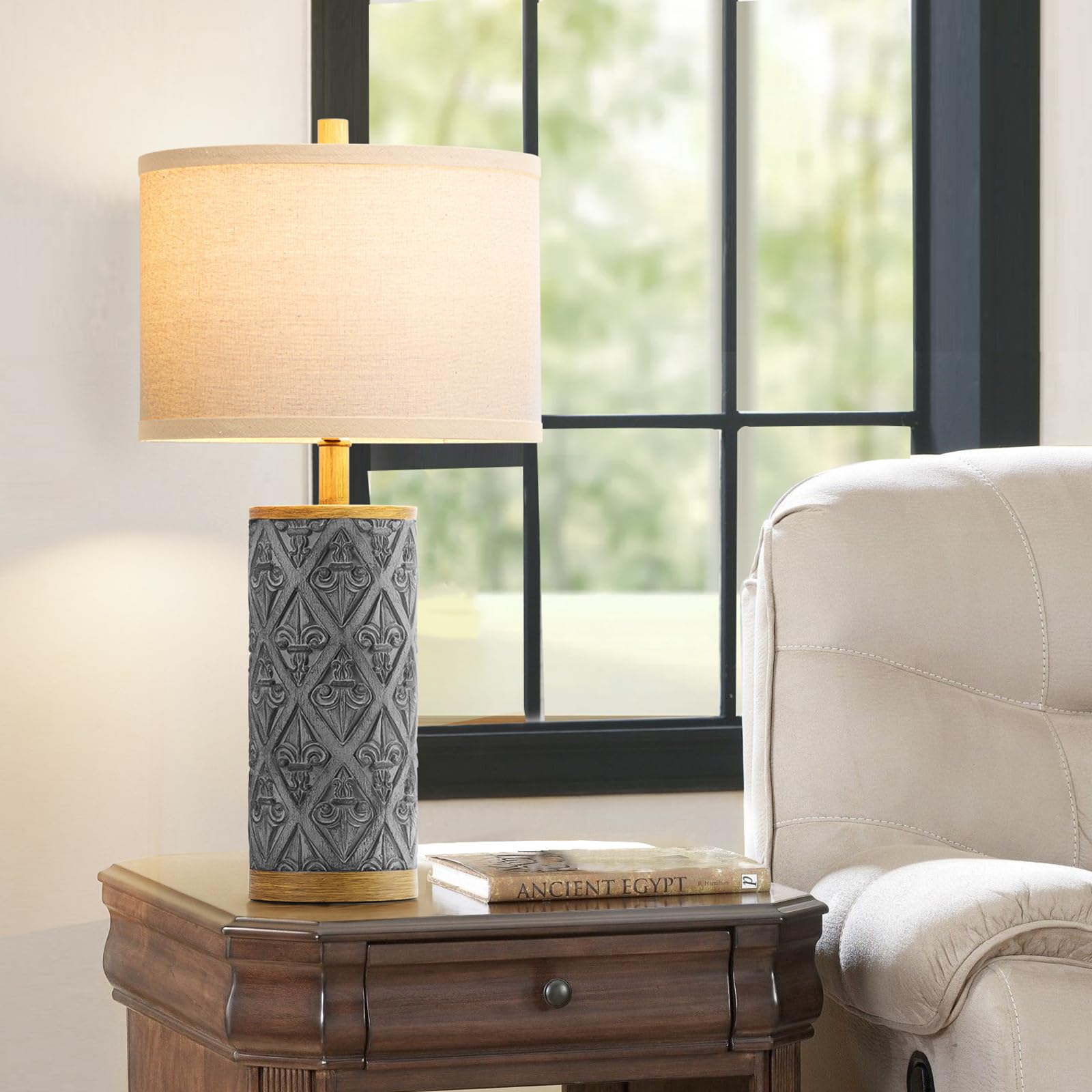 Spclsim 24.8" Farmhouse Table Lamps For Bedrooms Set Of 2, End Table Lamps For Living Room, Rustic Traditional Bedside Nightstand Lamps With Dark-Grey Resin Body Beige Shade, Bulbs Included